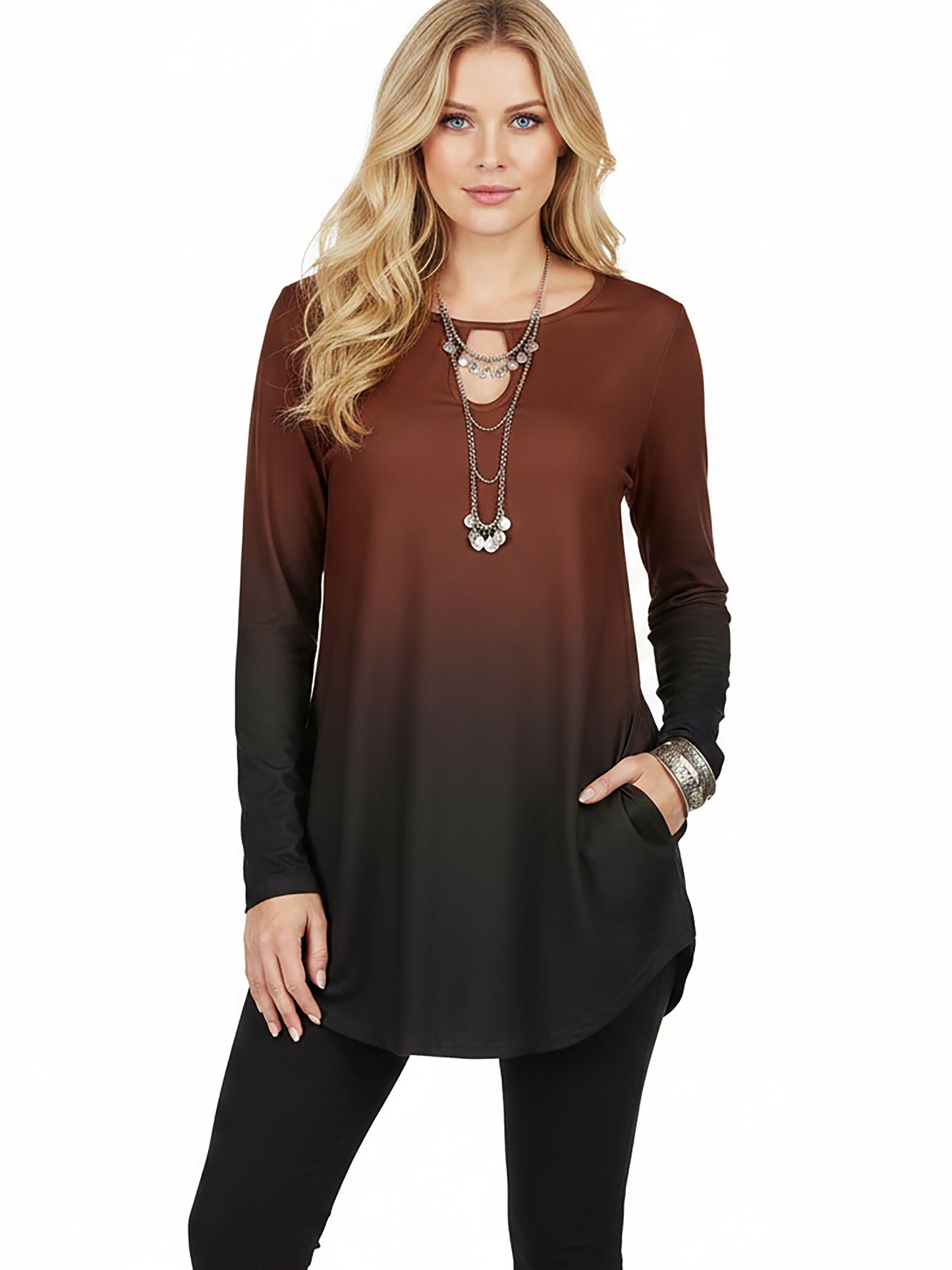 Bold Print Long-Sleeve Tunic-Pink White Gradien