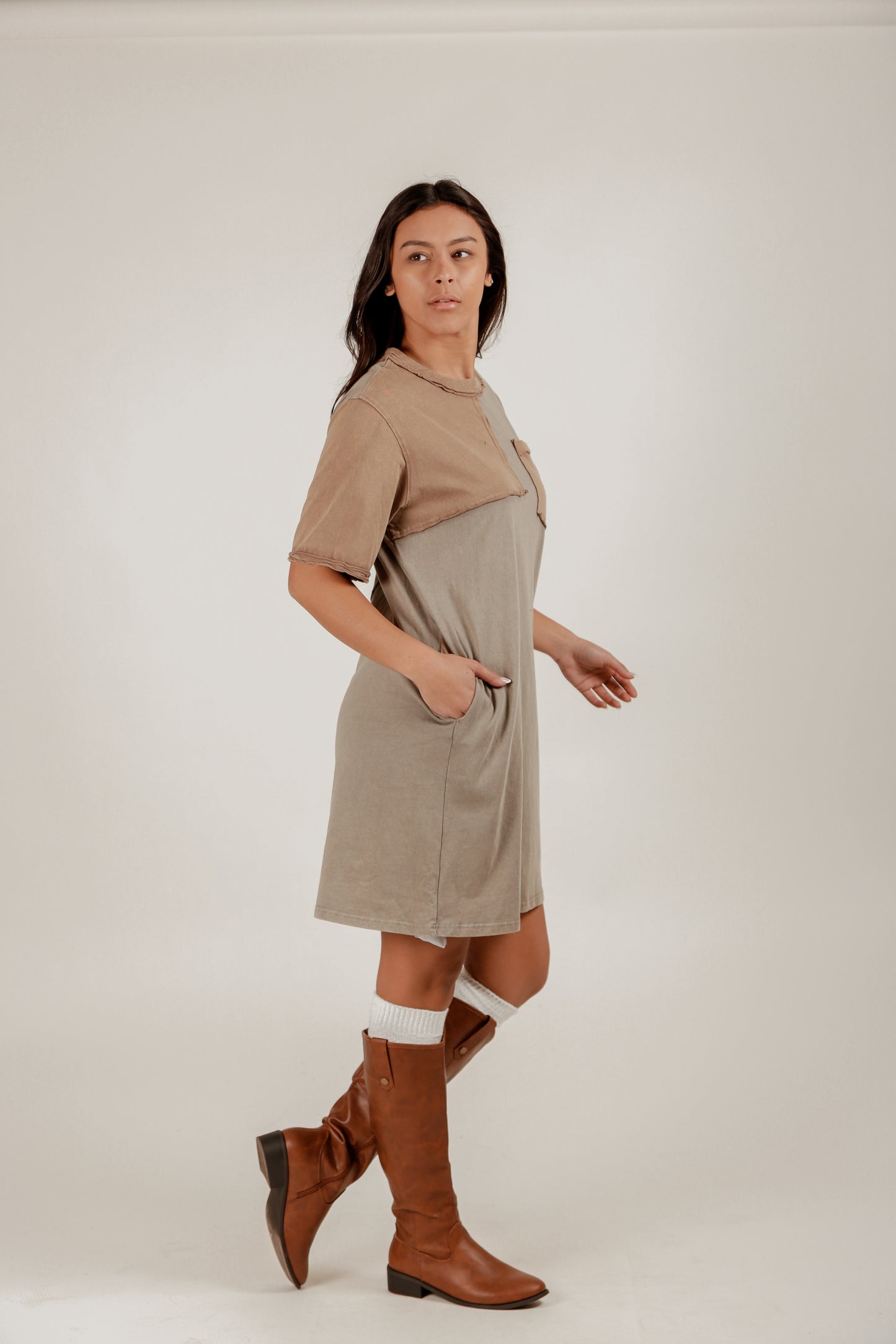 Boho-Style Mineral-Washed Patched Cotton Dress (D240005 Black With Embroidery)
