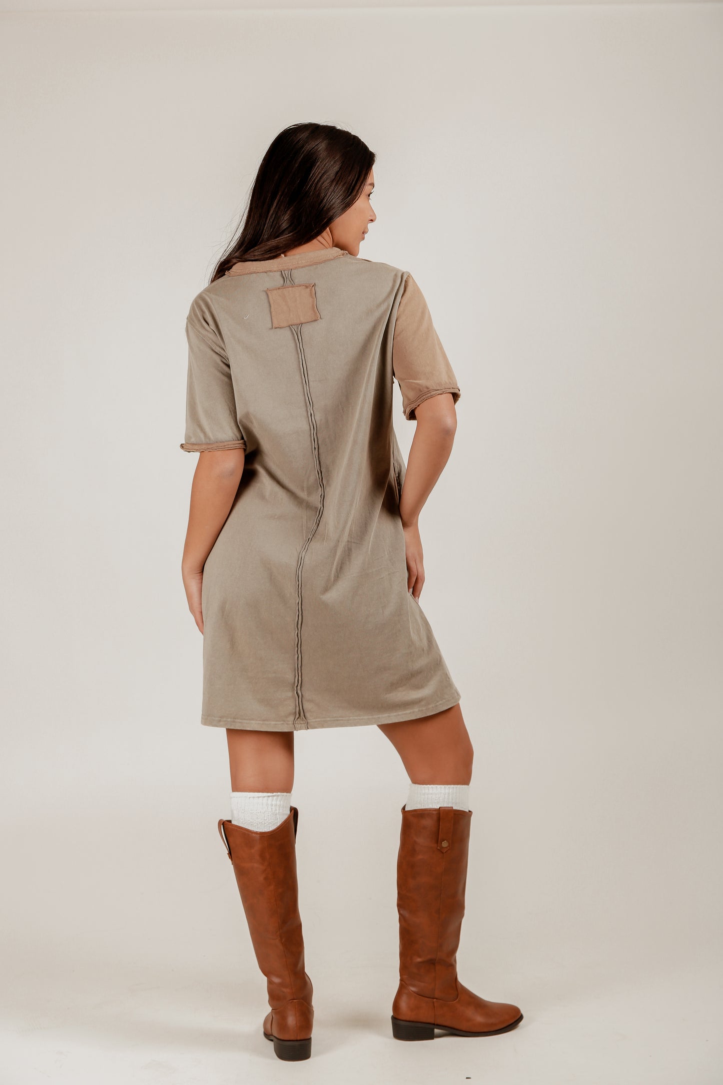 Boho-Style Mineral-Washed Patched Cotton Dress (D240005 Black With Embroidery)