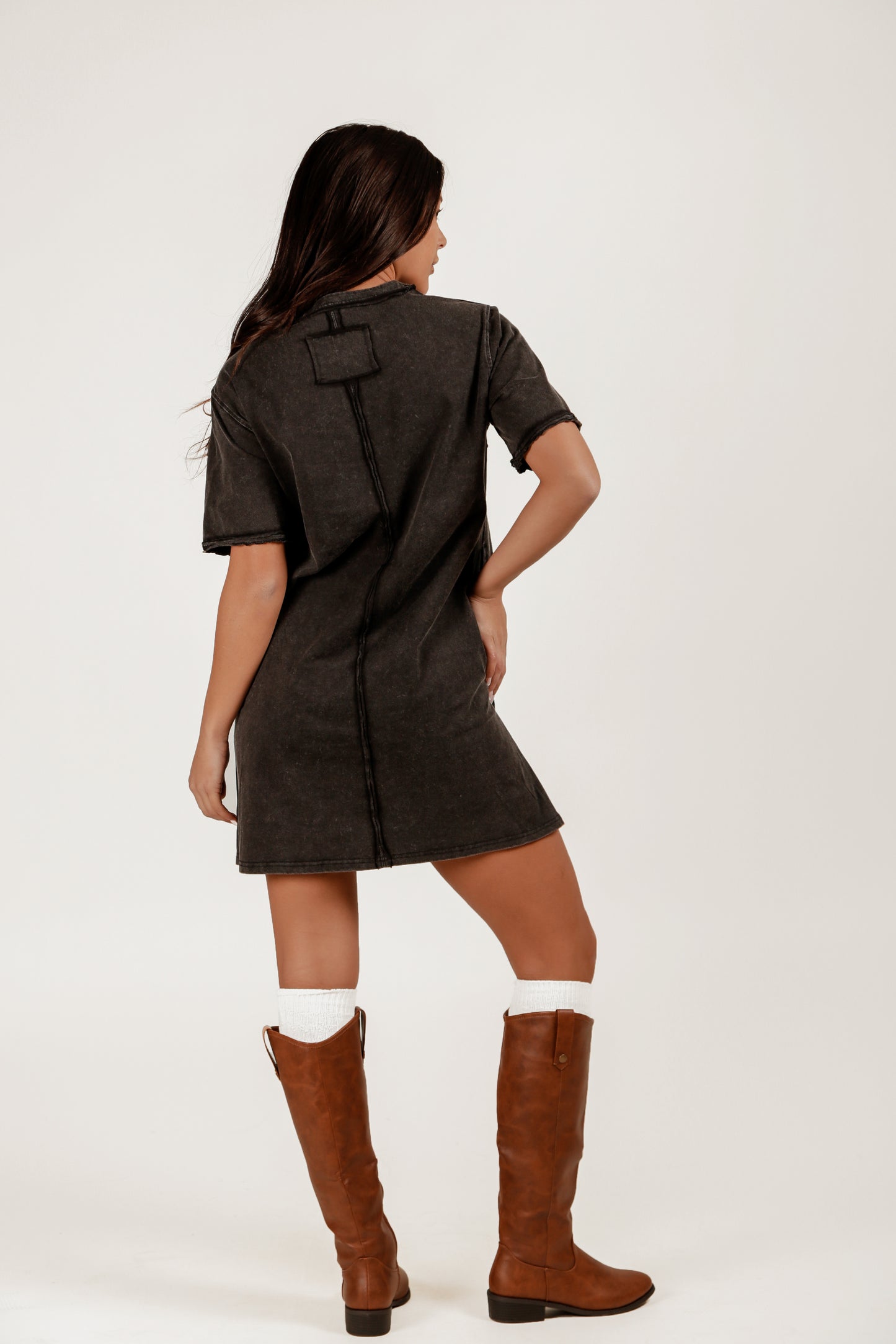 Boho-Style Mineral-Washed Patched Cotton Dress (D240005 Black With Embroidery)