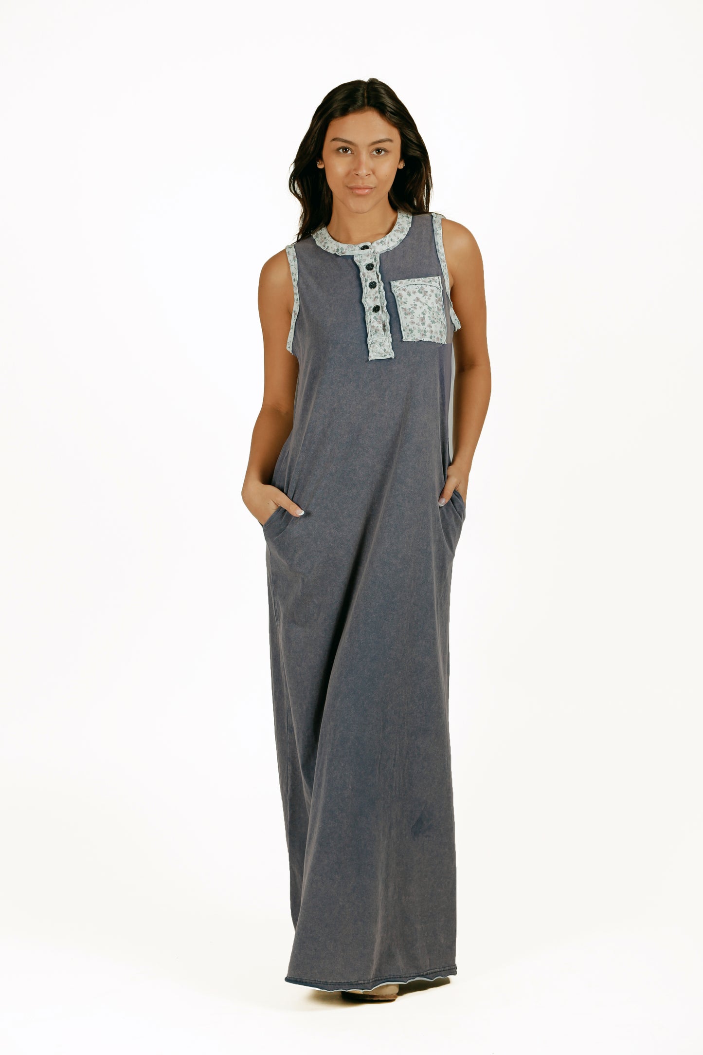 Mineral-Washed Black Cotton Maxi Dress (D240009 Mineral-Washed Black )