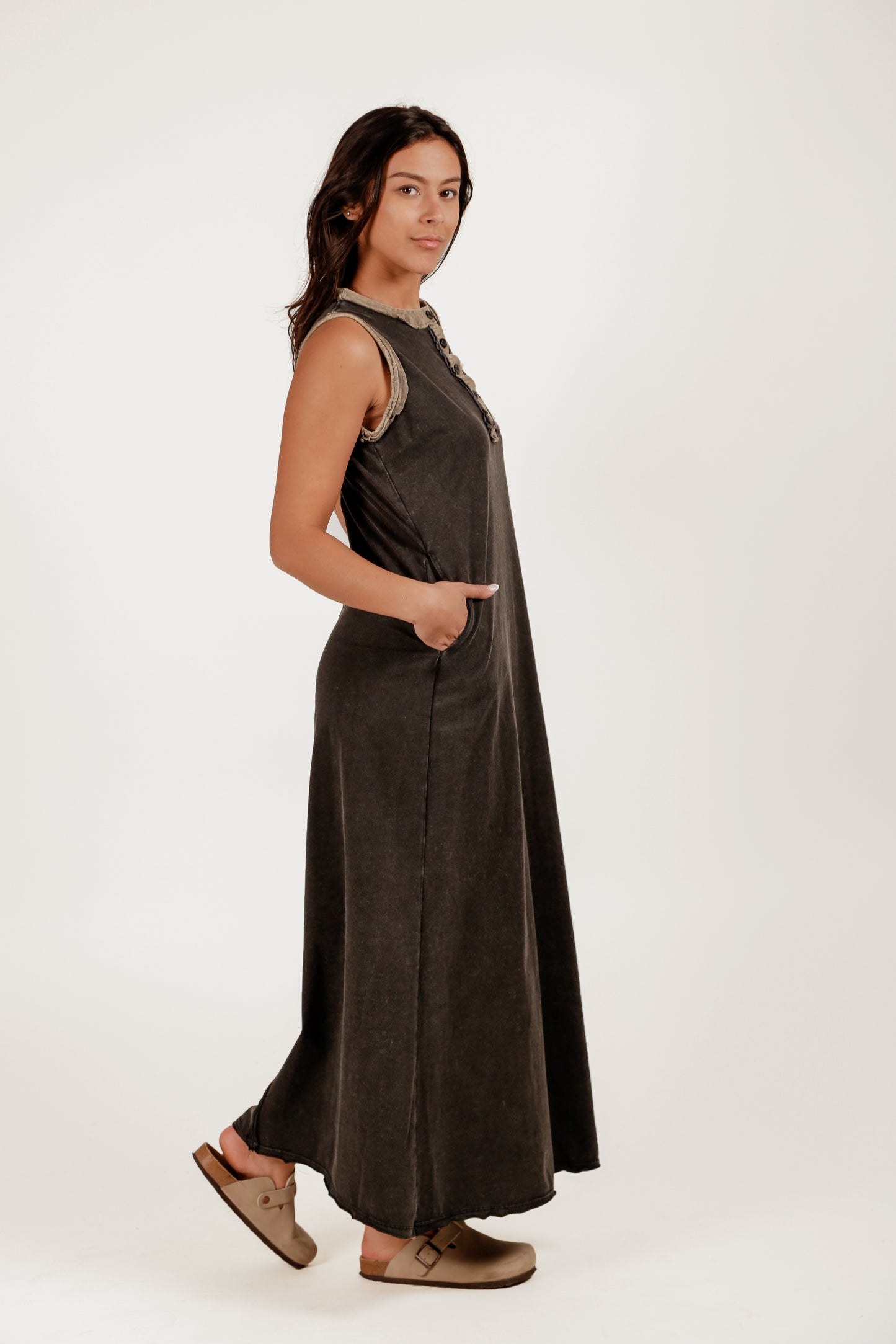 Mineral-Washed Black Cotton Maxi Dress (D240009 Mineral-Washed Black )