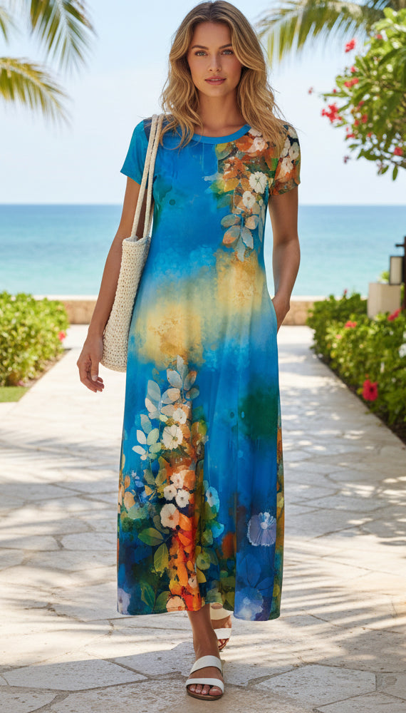 Bold Patchwork Scoop Neck Maxi Dress-Purple Multi