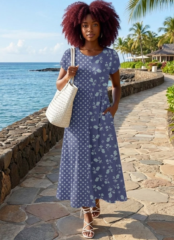Bold Patchwork Scoop Neck Maxi Dress-Brown Yellow