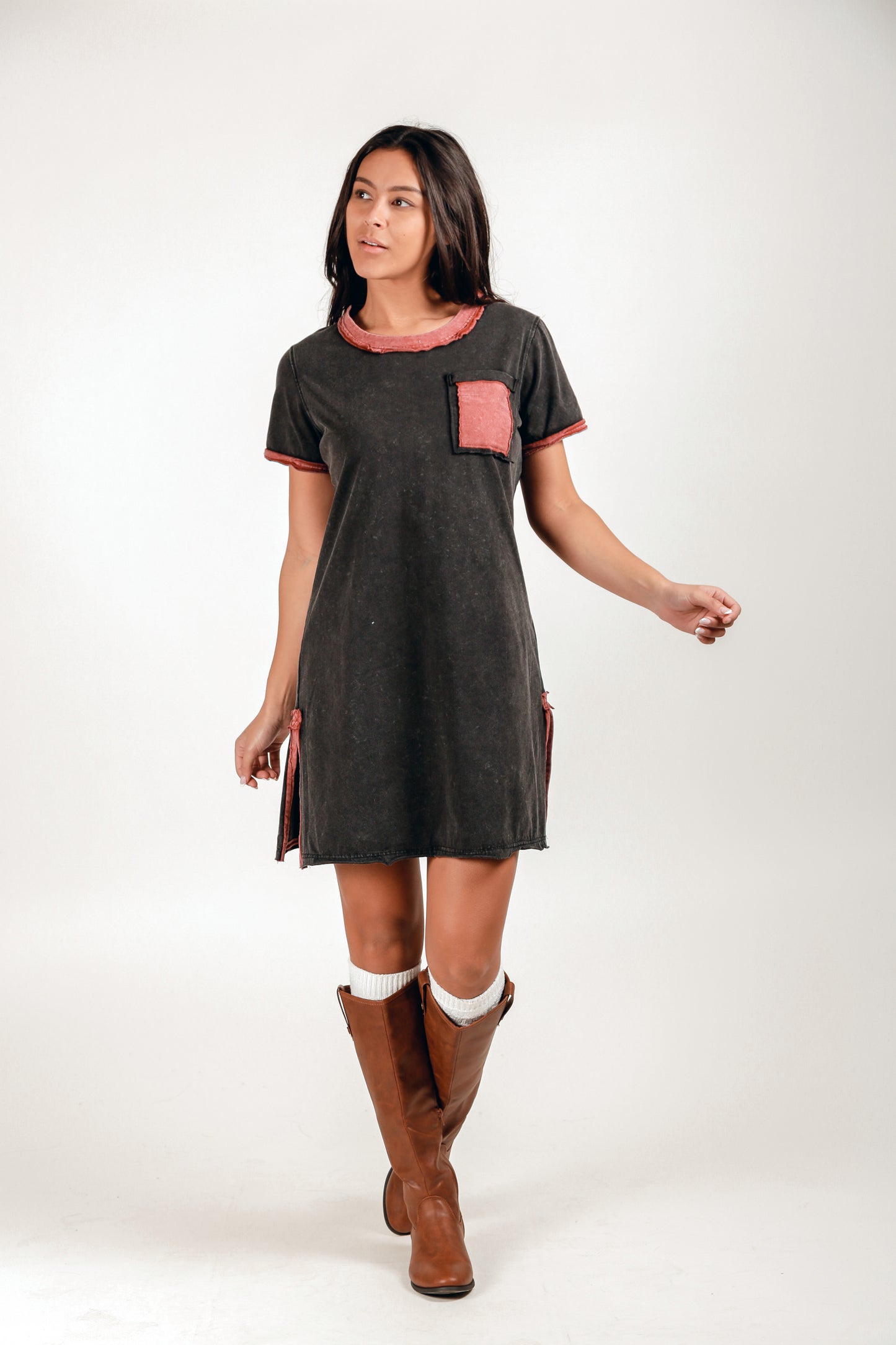 Mineral-Washed Cotton T-Shirt Midi Dress (D2400012 Mineral Washed Black)