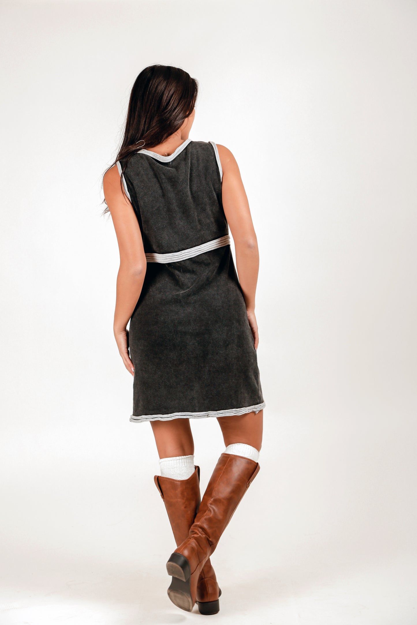 Mineral-Washed Light Grey Ribbed Knit Midi Dress (D240014 Mineral Washed Black)