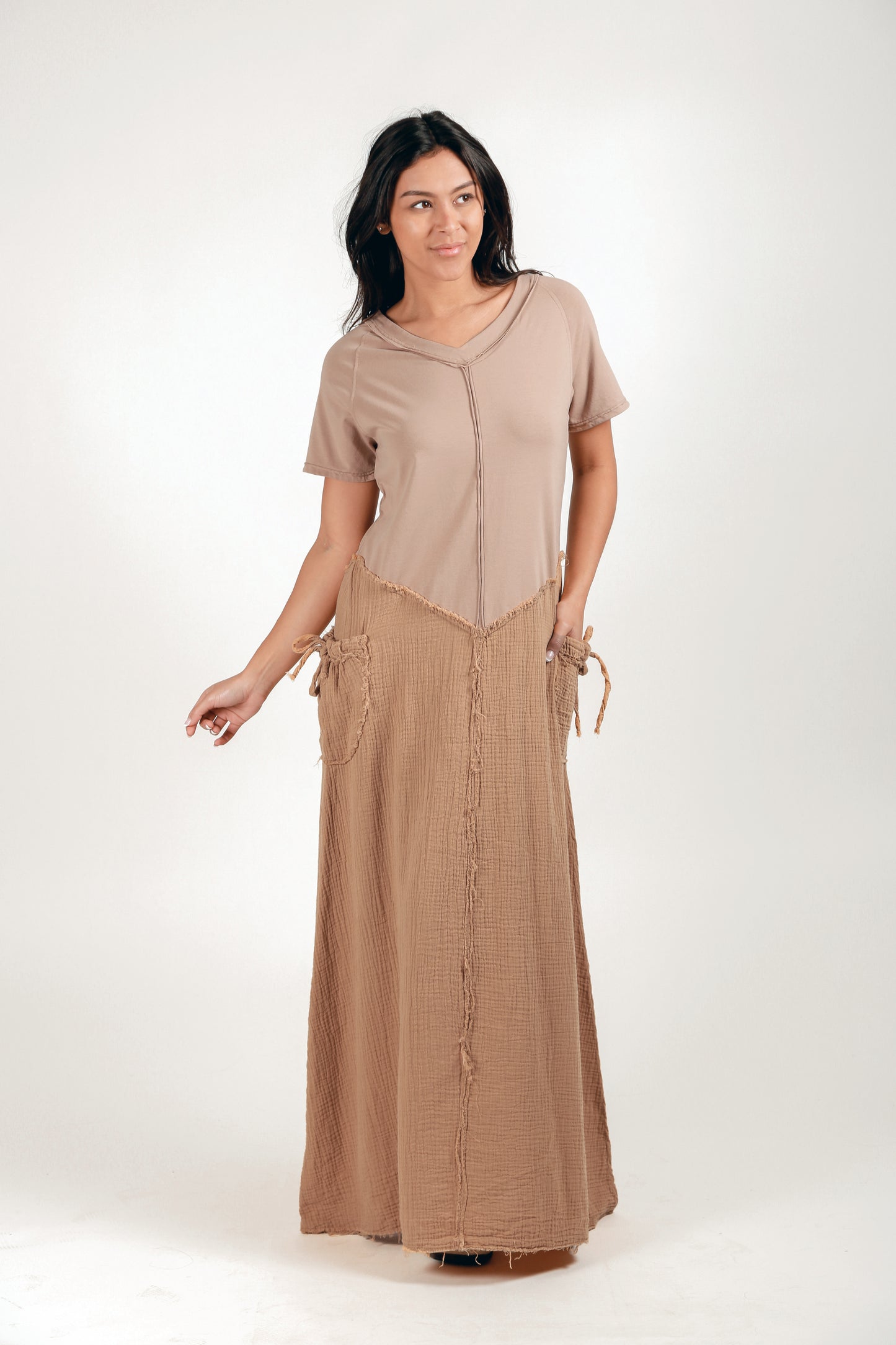 100% Cotton and Gauze Patched Maxi Dress (D240015 Champagne )