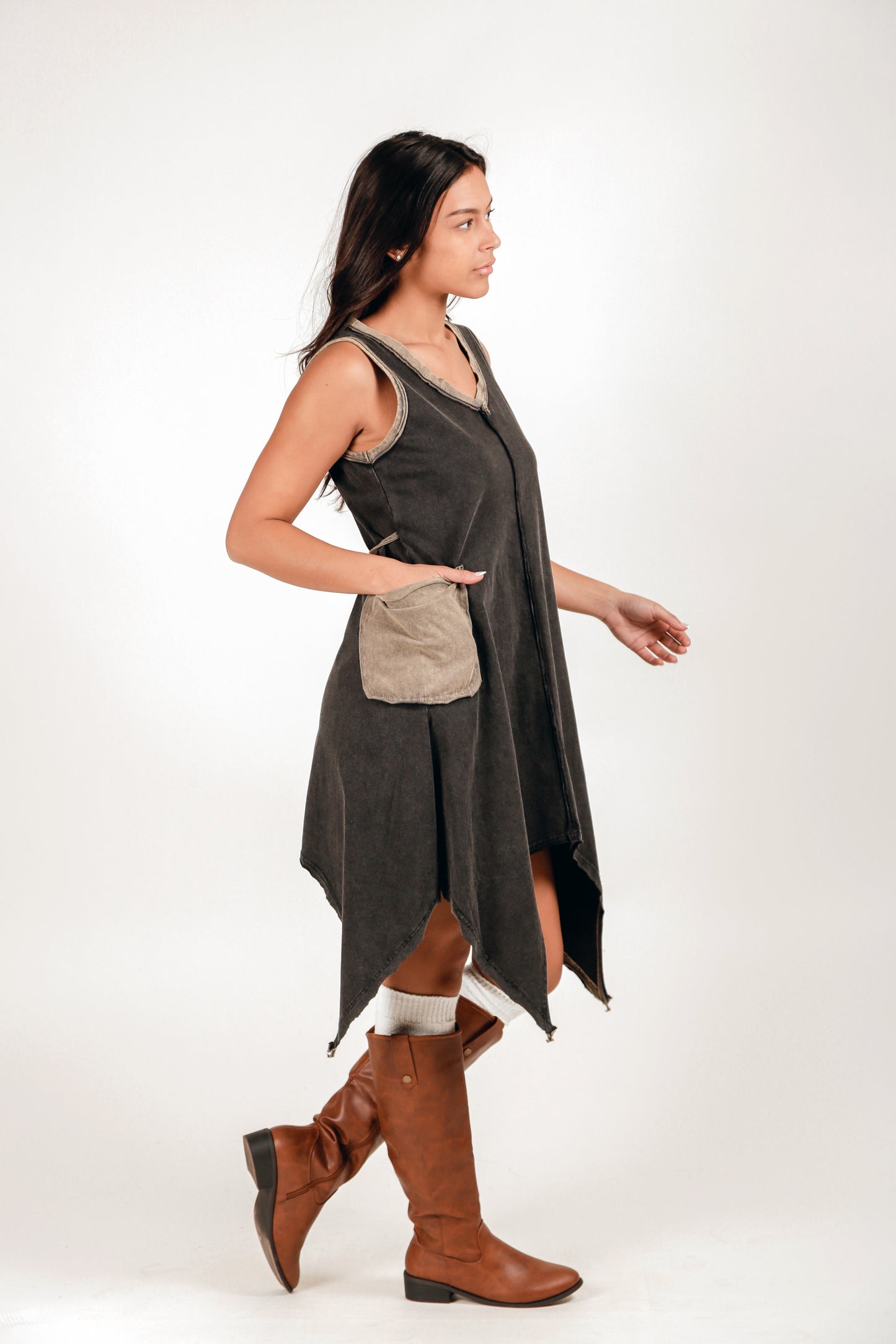 Boho-Style Brown and Champagne 100% Cotton Midi Dress (D240020 Brown Beige)