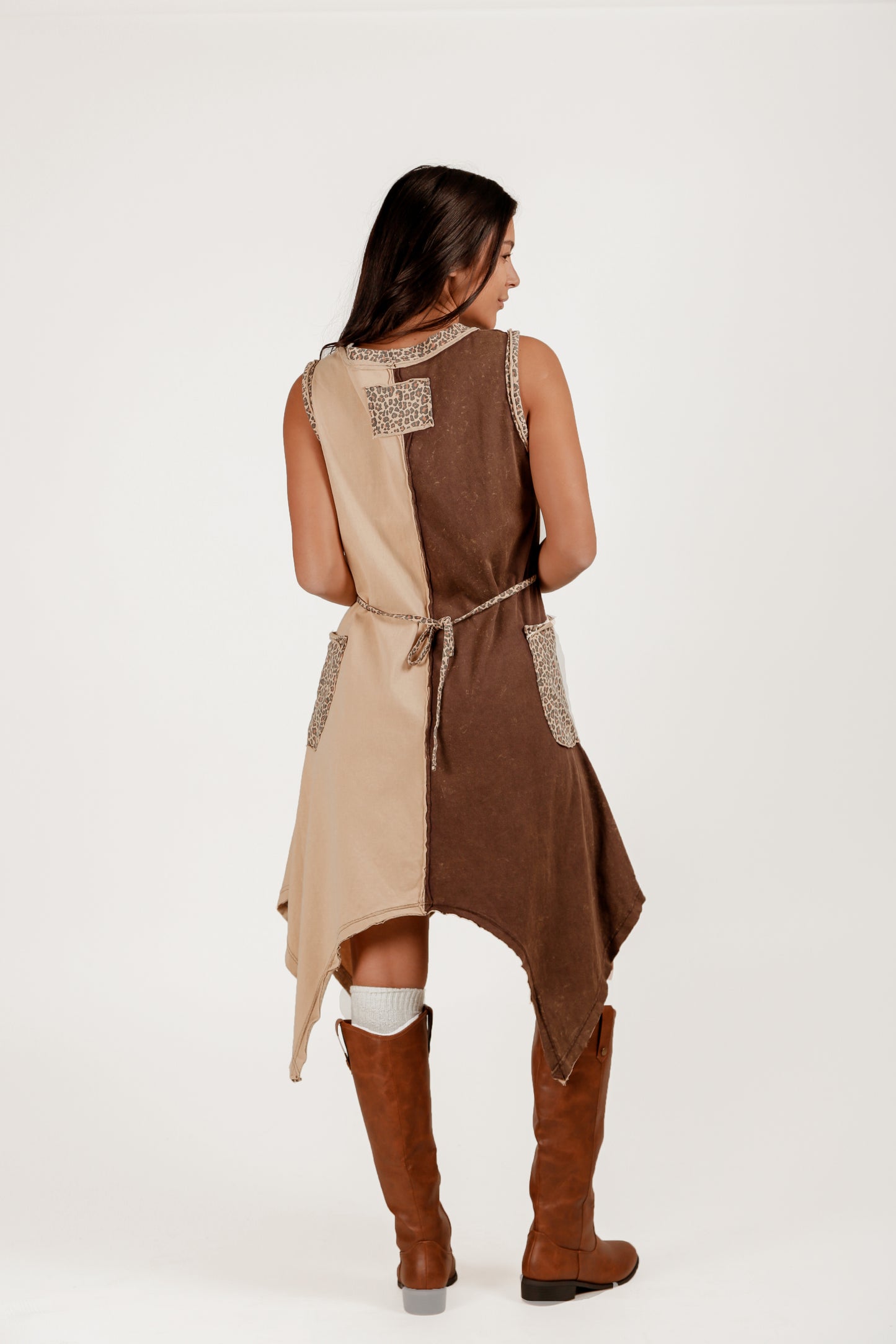 Boho-Style Brown and Champagne 100% Cotton Midi Dress (D240020 Brown Beige)