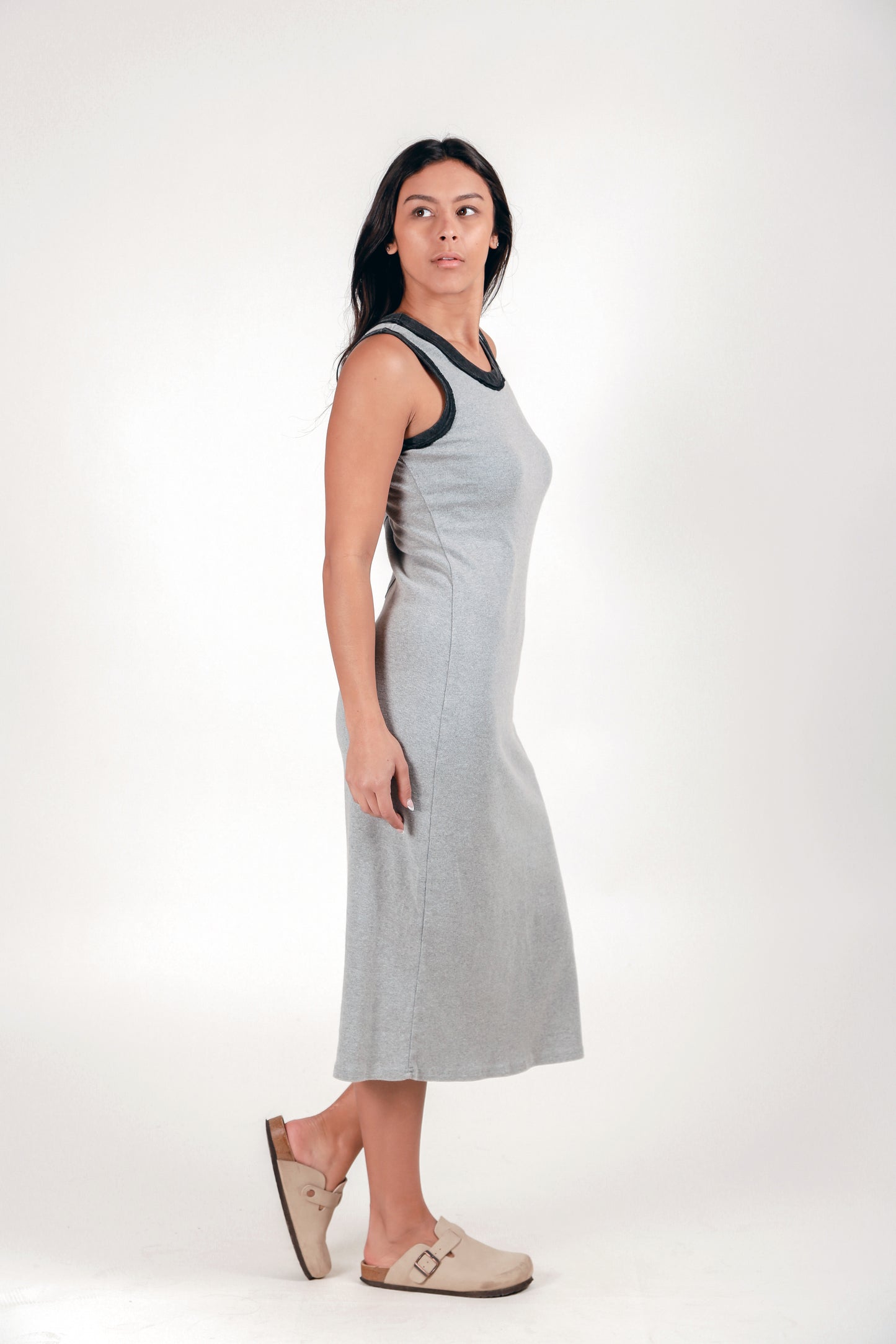 100% Cotton Ribbed Knit Body Maxi Dress(D240021 Mineral Washed Grey)