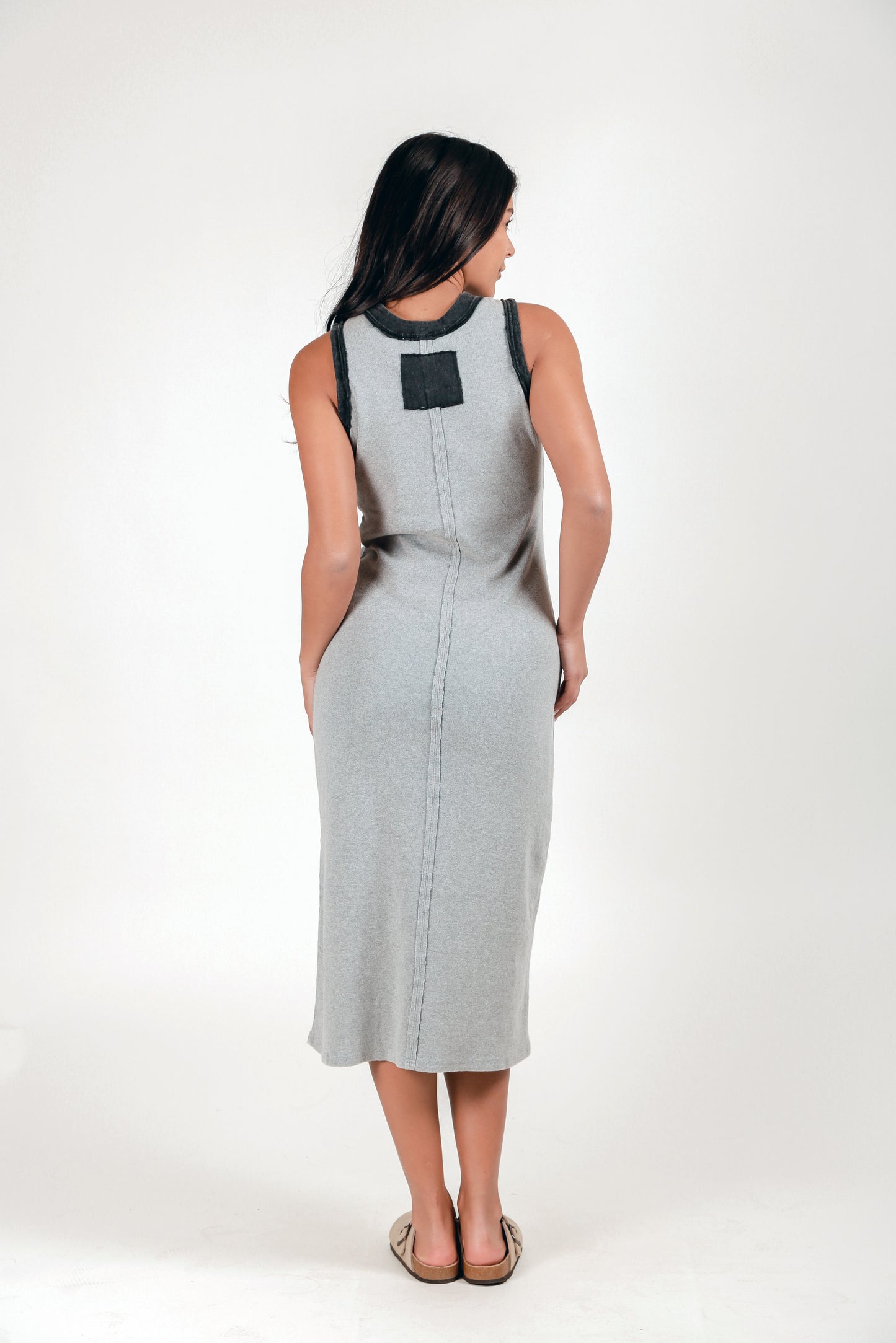 100% Cotton Ribbed Knit Body Maxi Dress(D240021 Mineral Washed Grey)
