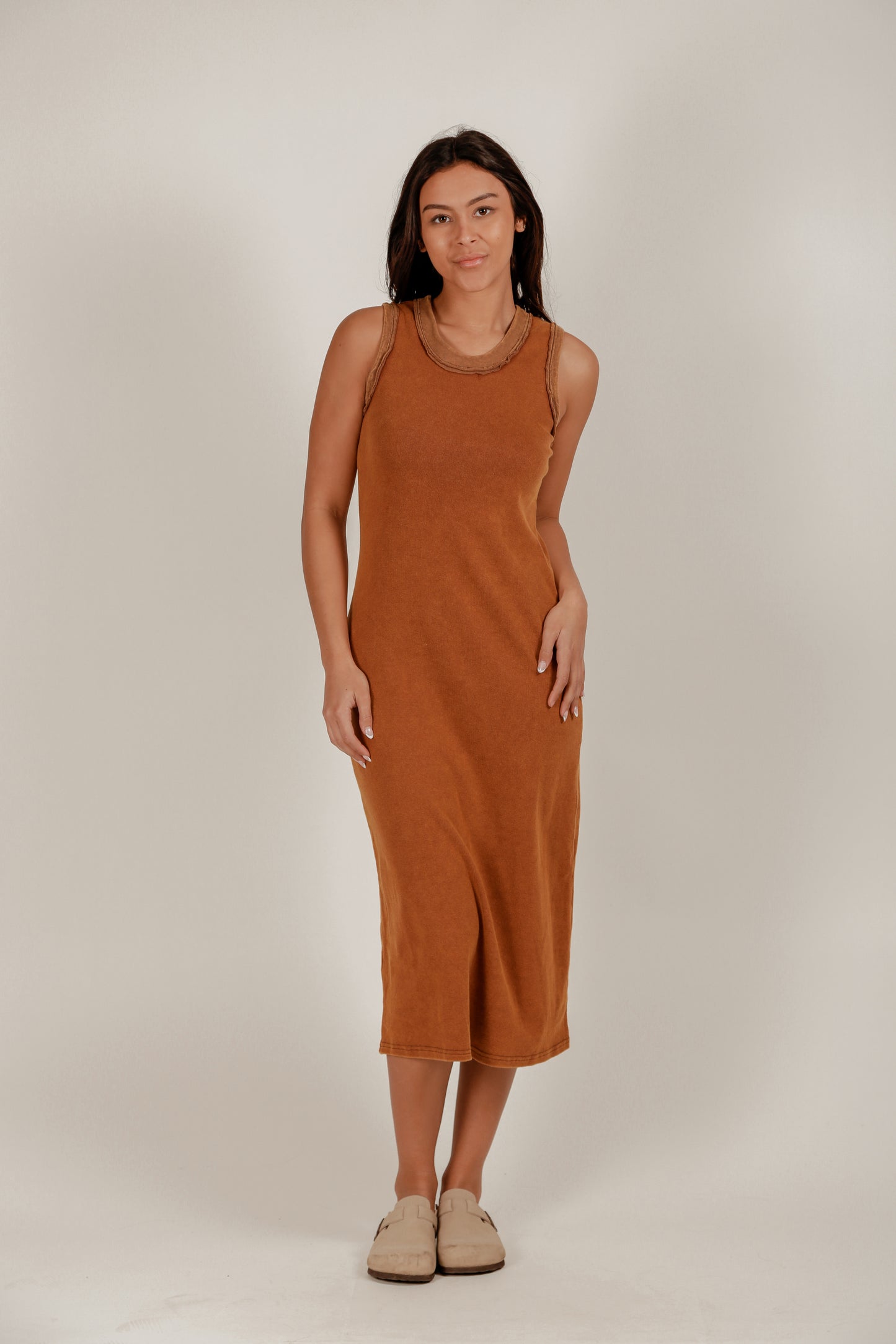 100% Cotton Ribbed Knit Body Maxi Dress(D240021 Mineral Washed Grey)