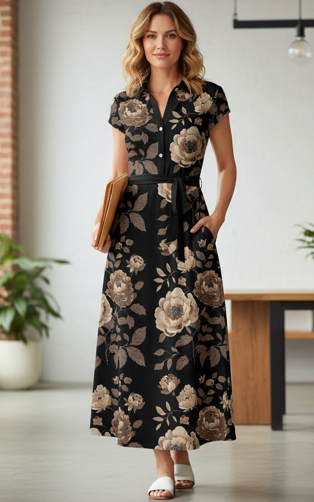 Shirt-Top Maxi Dress with Waist Belt-Black White Dots