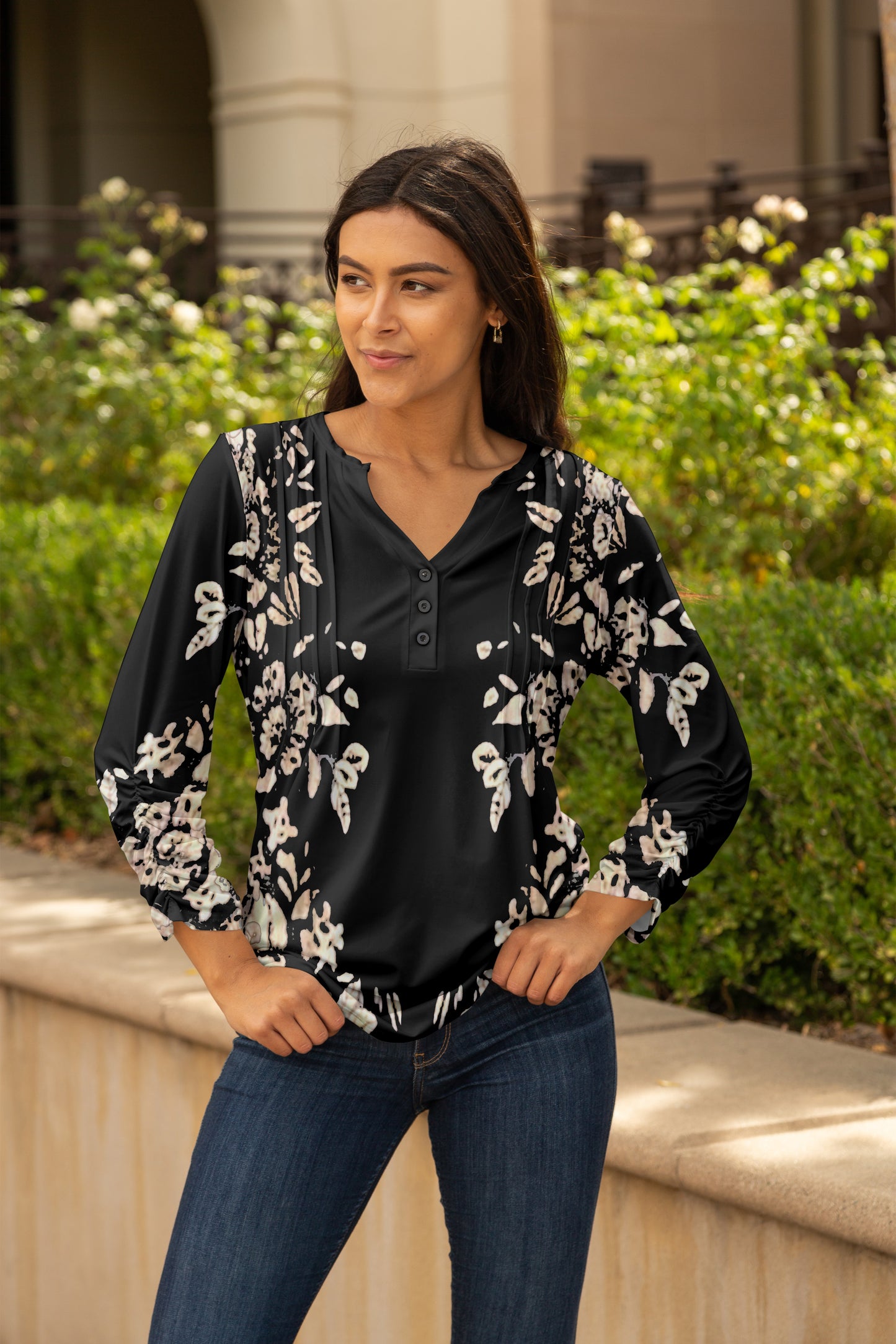 Front Pleated Button Tunic-Brown White