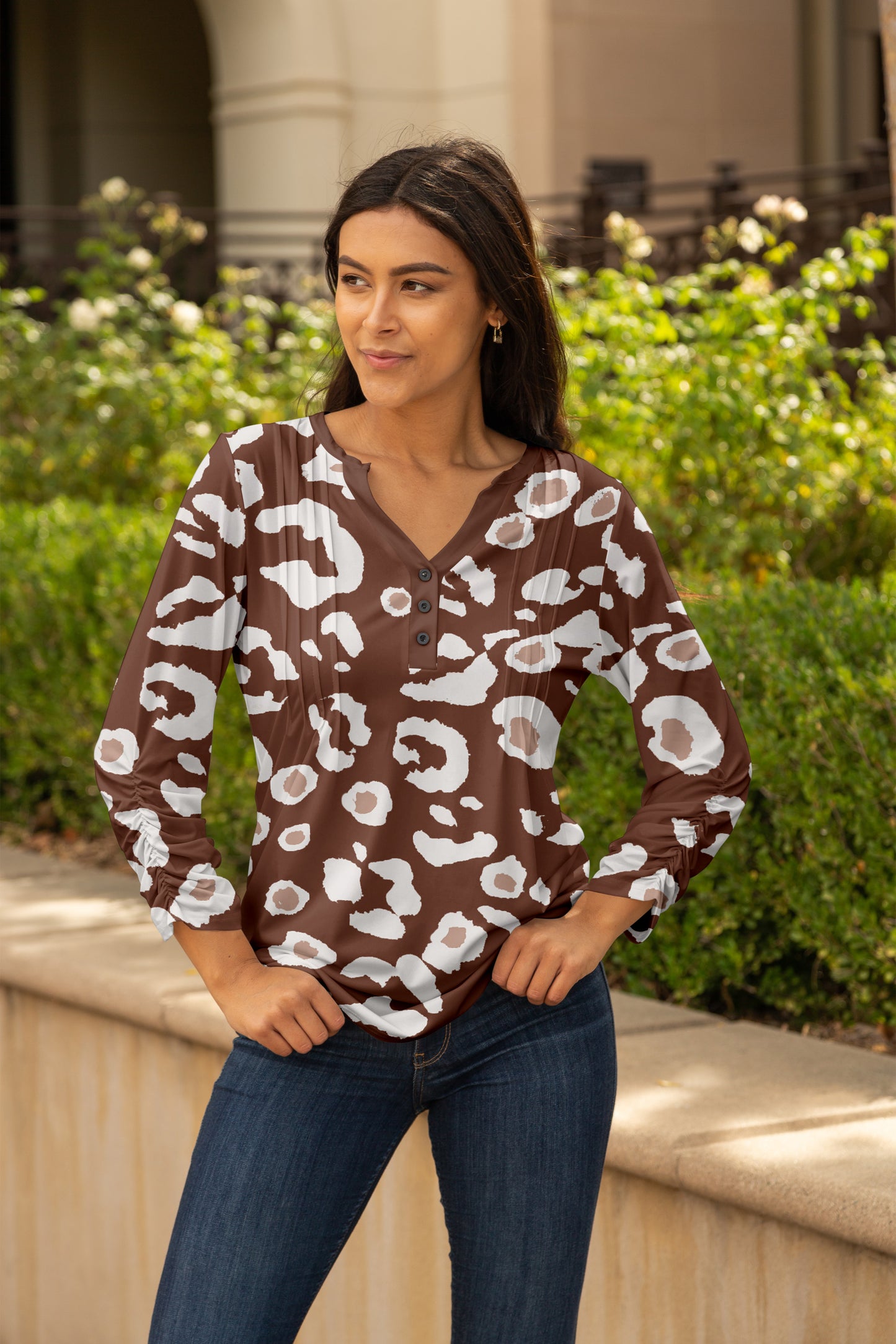 Front Pleated Button Tunic-Brown White