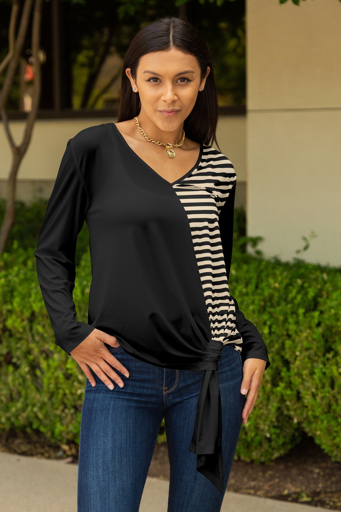 Twisted Hem Tie Tunic-Brown Yellow