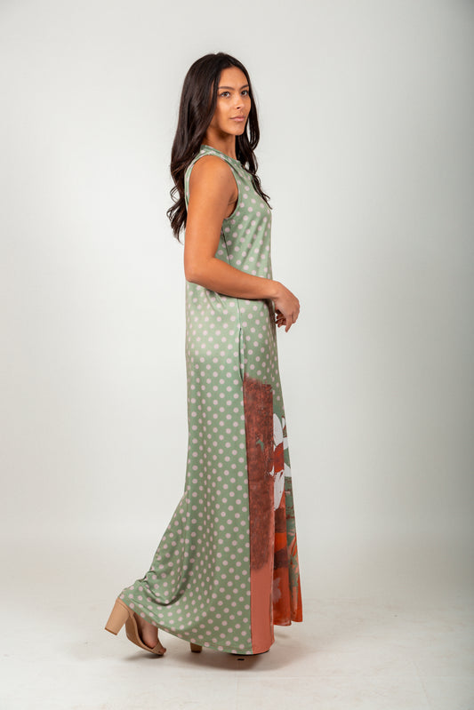 Olive Dots And White Flower- The Olive Blossom Maxi Dress