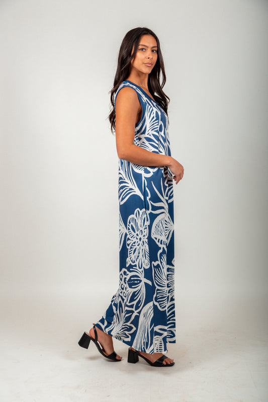Blue Boho Floral Sleeveless Maxi Dress