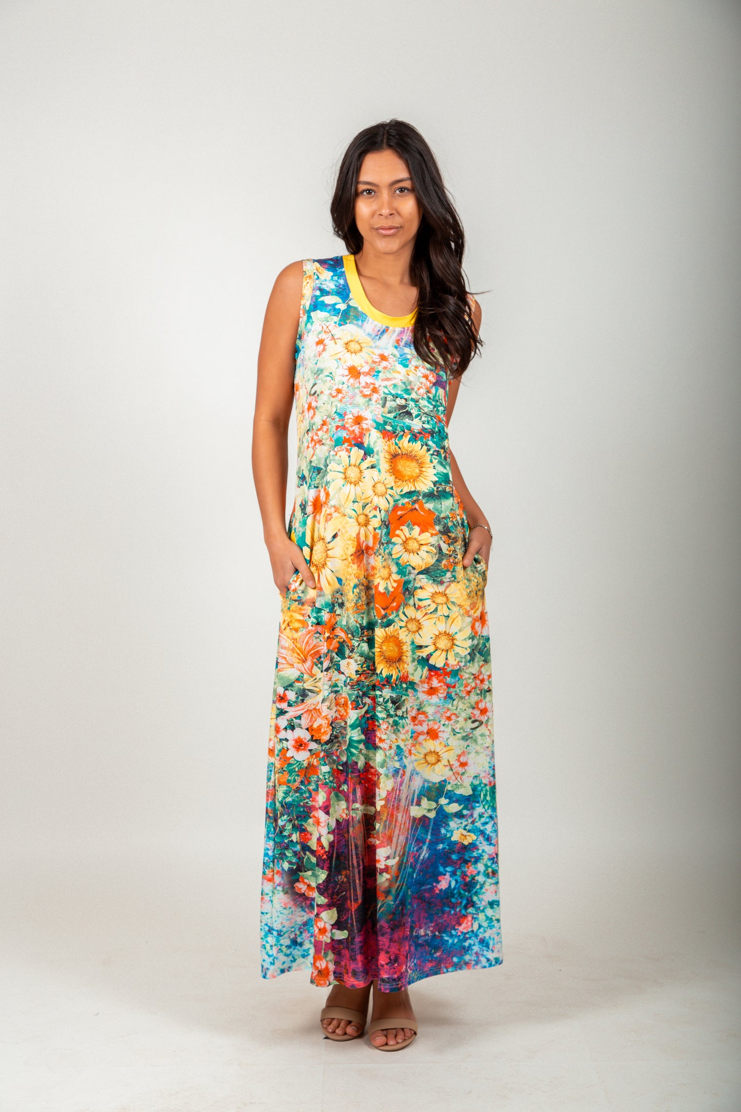 Champagne Floral Patchwork Sleeveless Maxi Dress
