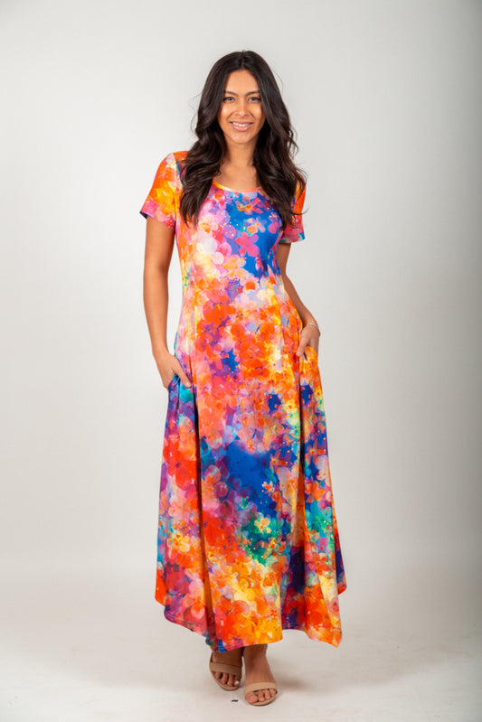 Orange Blue Multi-Color Patchwork- Maxi Dress