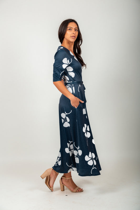 Navy White Floral Wrap-Style Maxi Dress