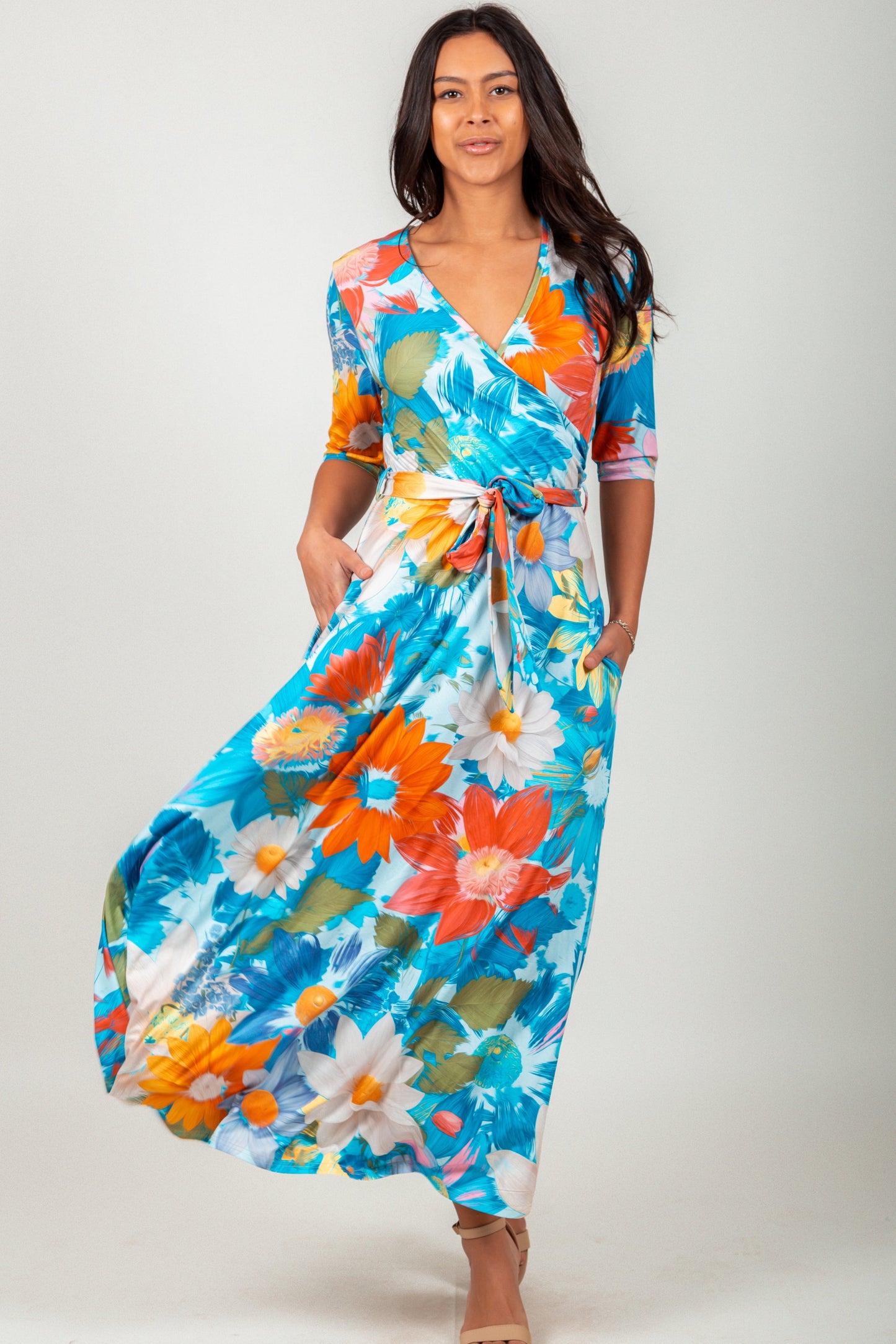 Vibrant Floral Wrap-Style Maxi Dress