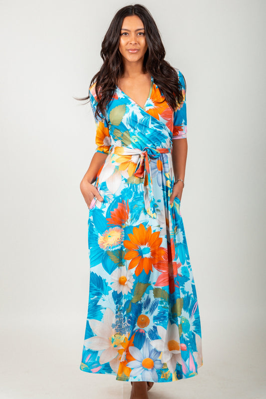Vibrant Floral Wrap-Style Maxi Dress