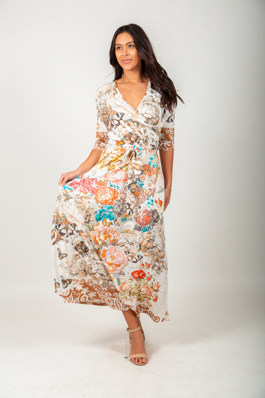 Beige Vintage Floral Wrap-Style Maxi Dress