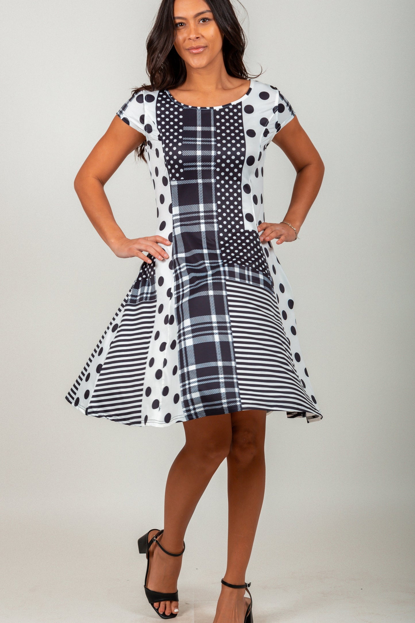 White & Black Dots and Stripes Mid-Dress