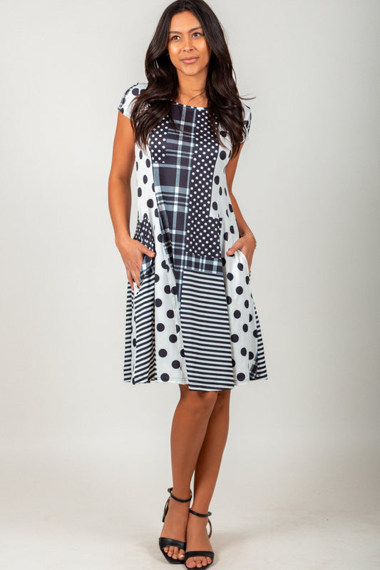 White & Black Dots and Stripes Mid-Dress