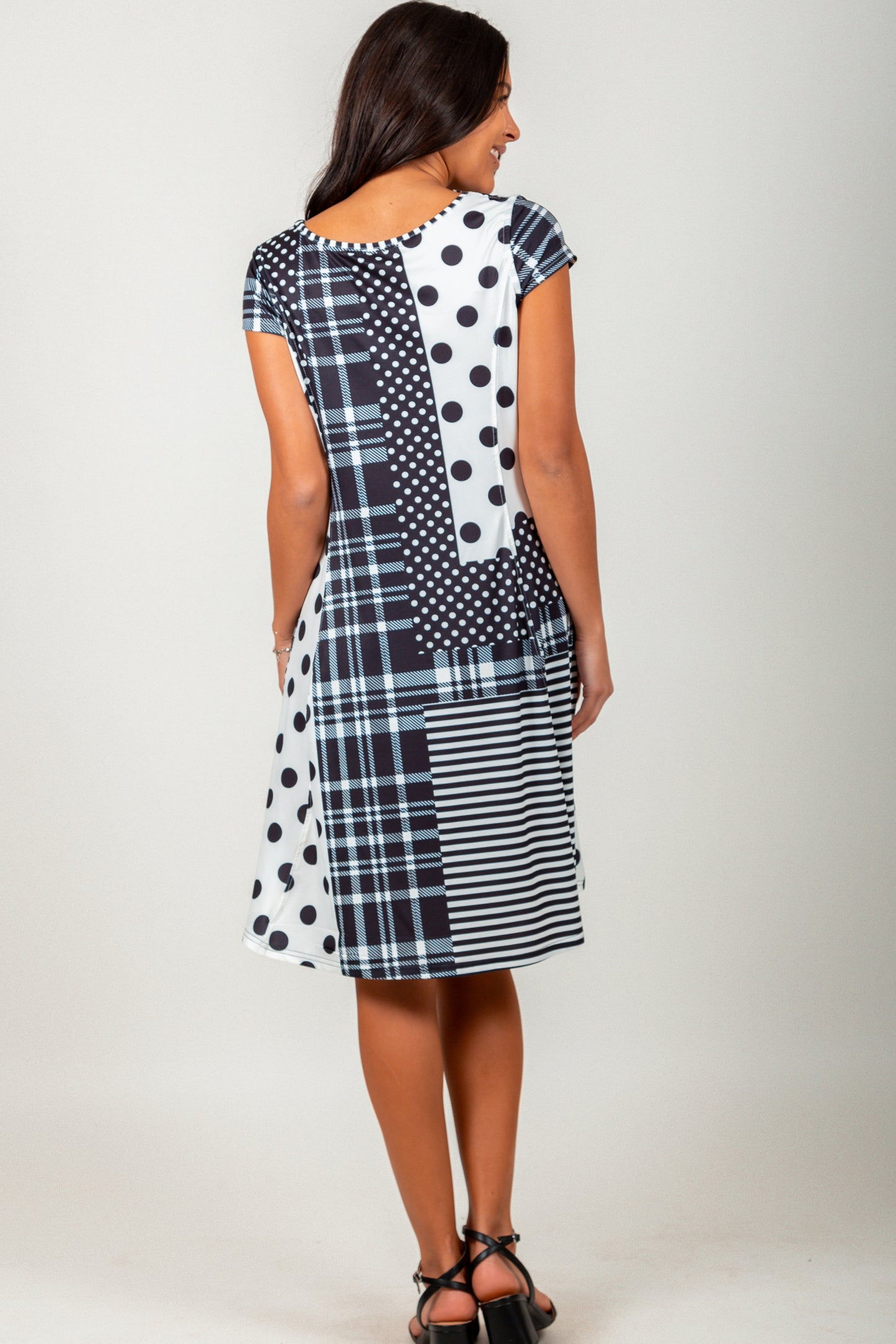White & Black Dots and Stripes Mid-Dress