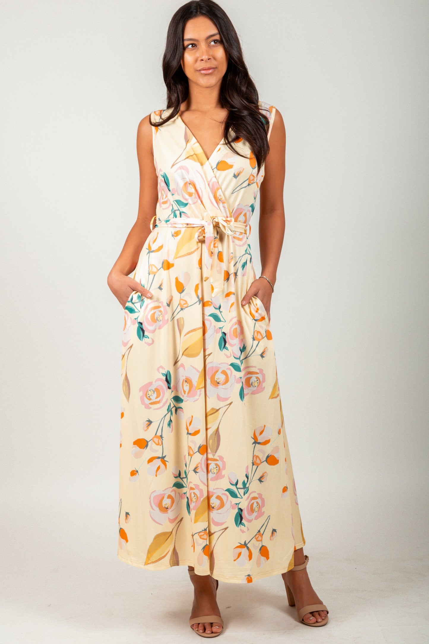 Vintage Rose Wrap-Style Maxi Dress