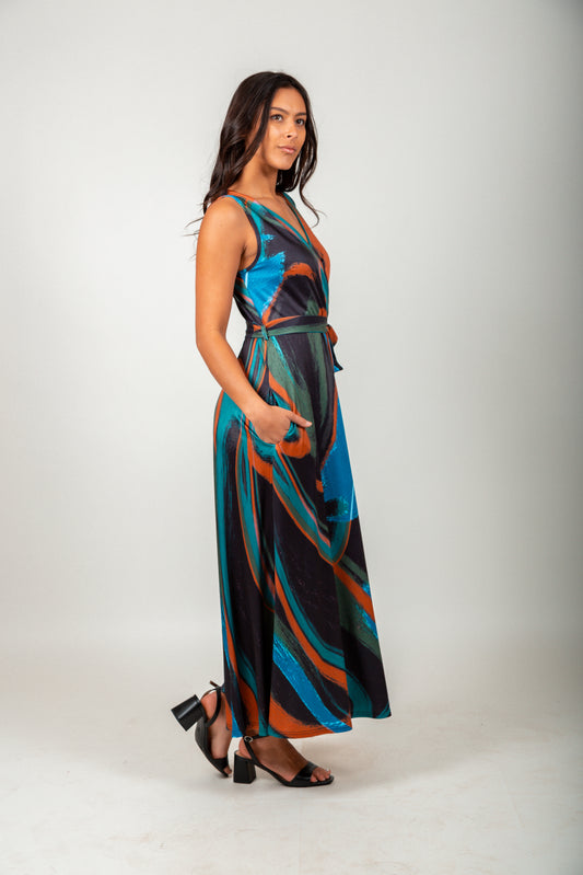 Black Tean Orange Abstract Wrap-Style Maxi Dress