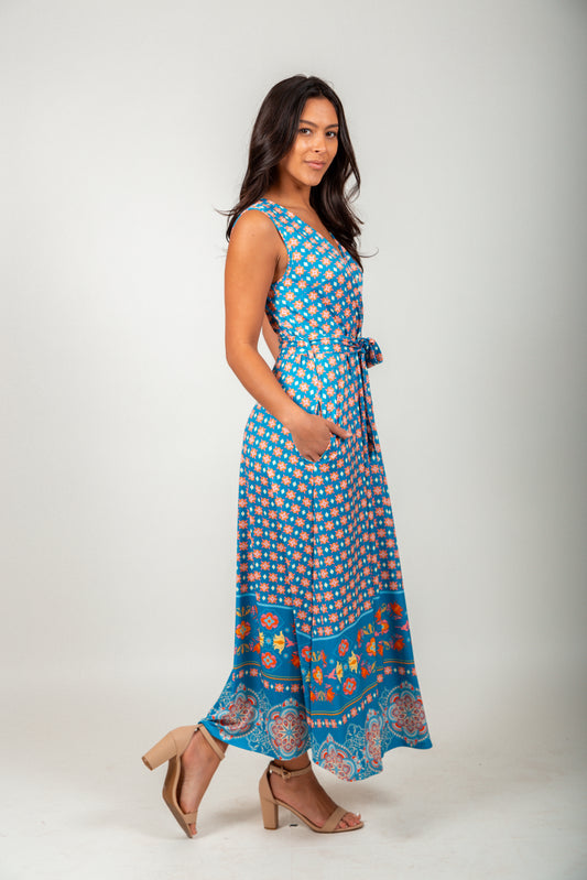 Blue Multi Colors Boho Wrap-Style Maxi Dress