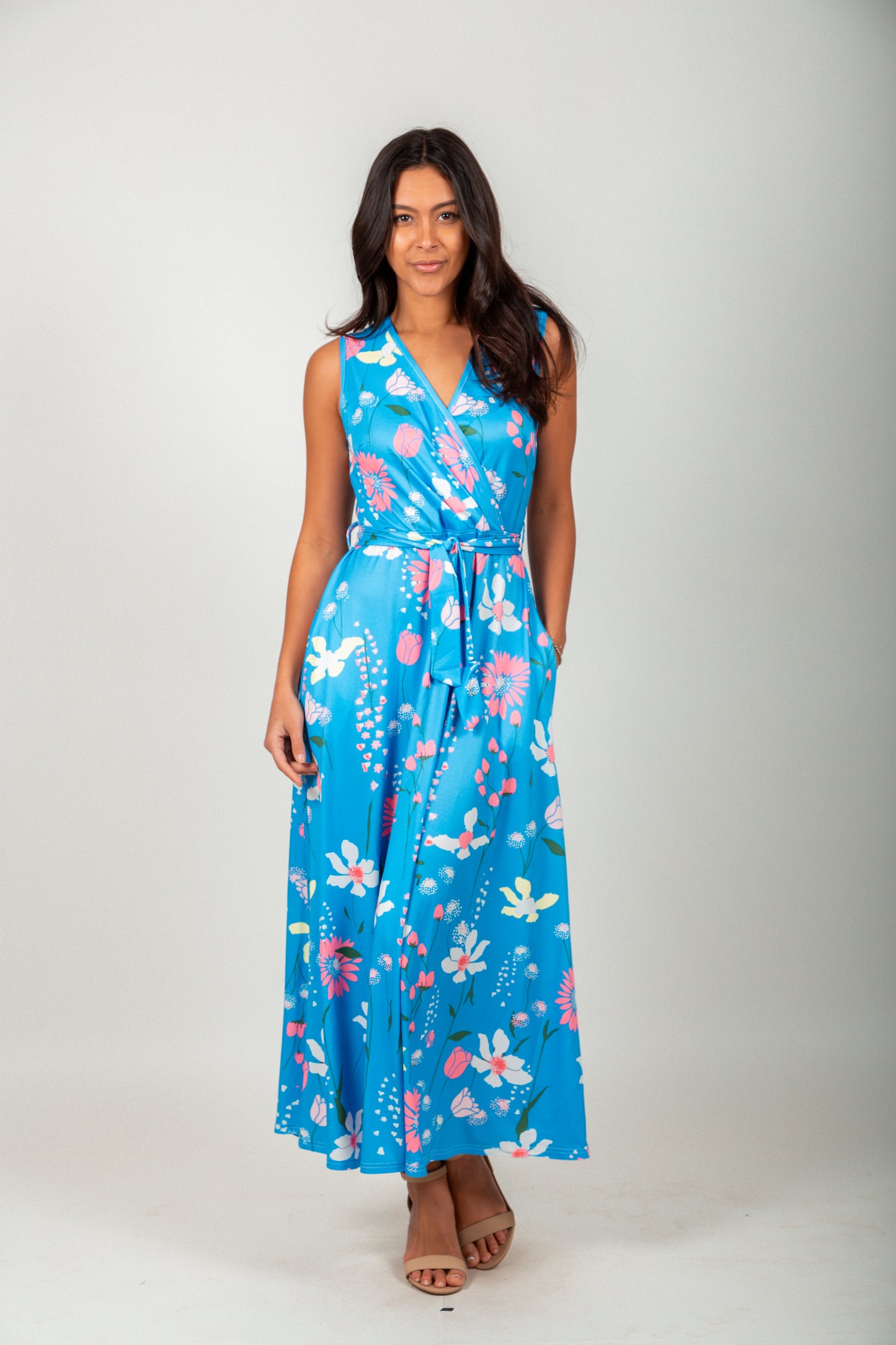 Vintage Rose Wrap-Style Maxi Dress
