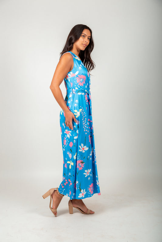 Blue Multi Colors Floral Wrap-Style Maxi Dress