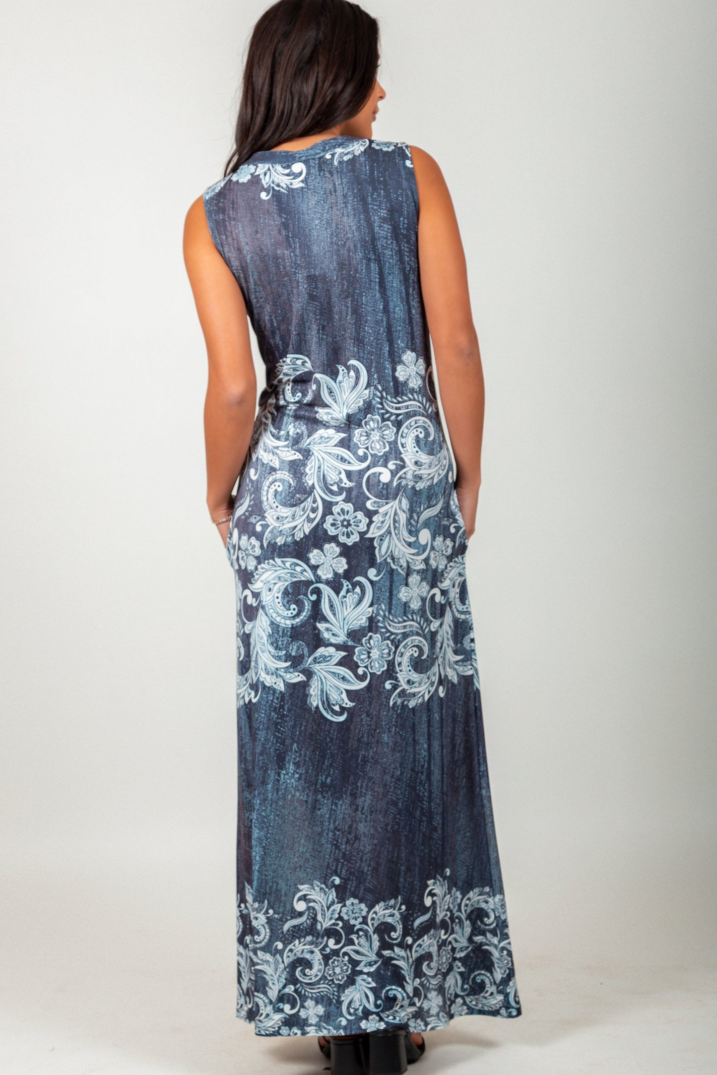 Jeans Blue Vintage Floral Print- Maxi Dress