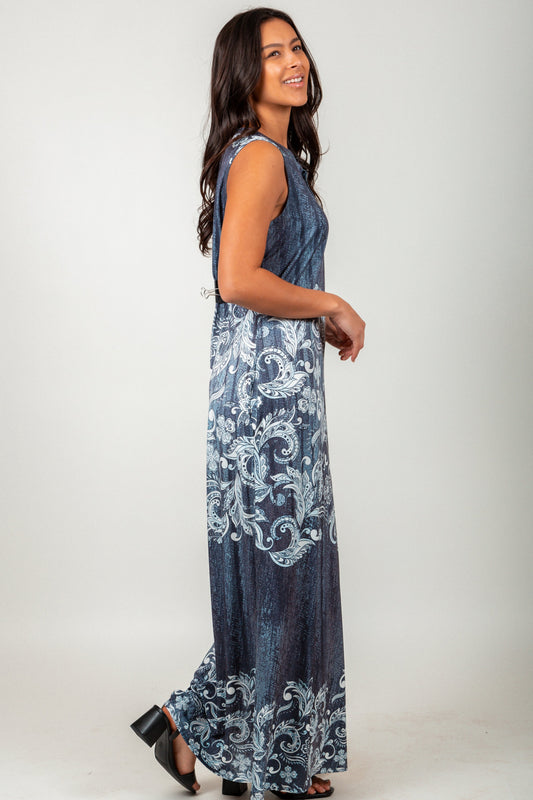 Jeans Blue Vintage Floral Print- Maxi Dress