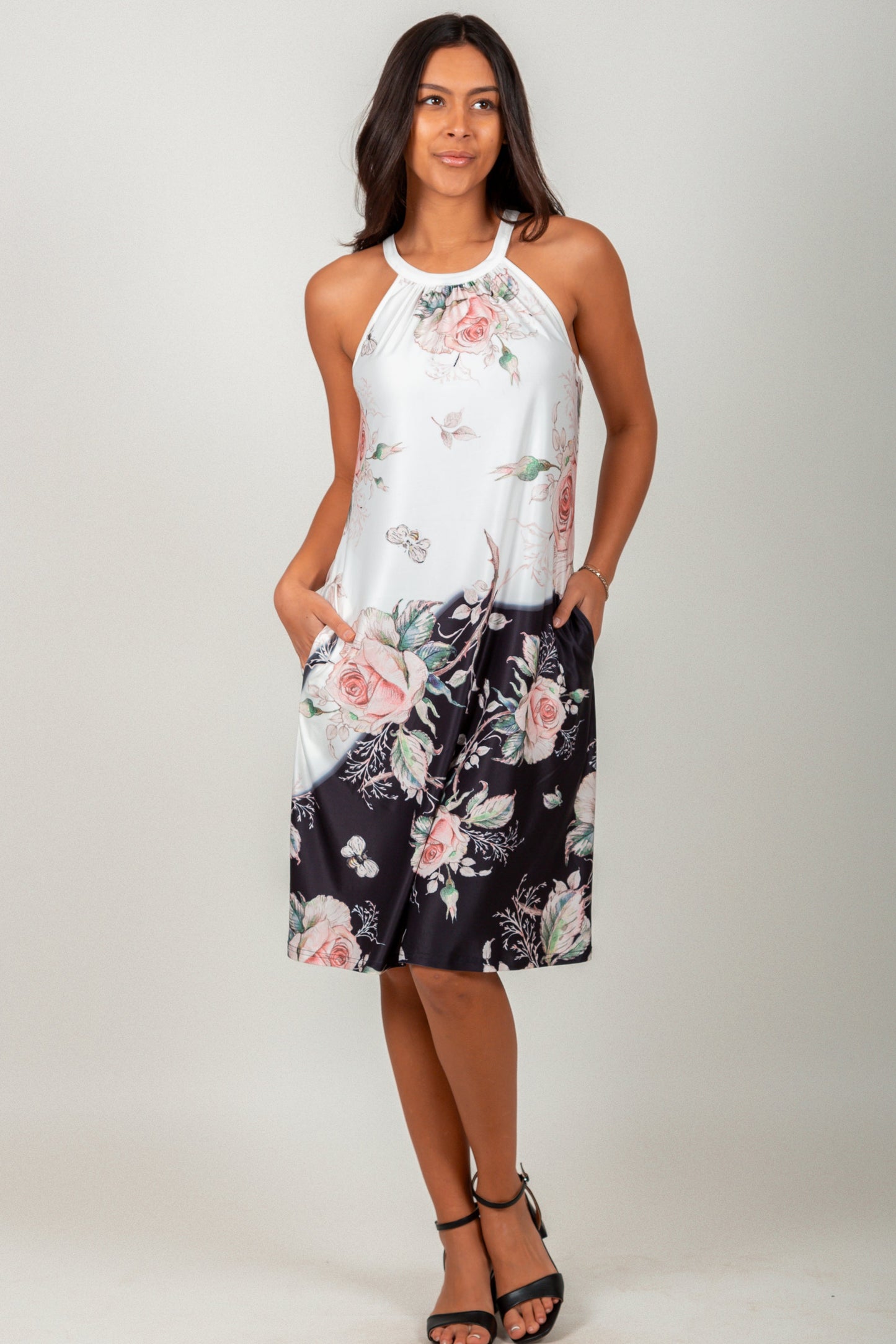 Vintage White Floral Over Blue Texture Mid-Dress