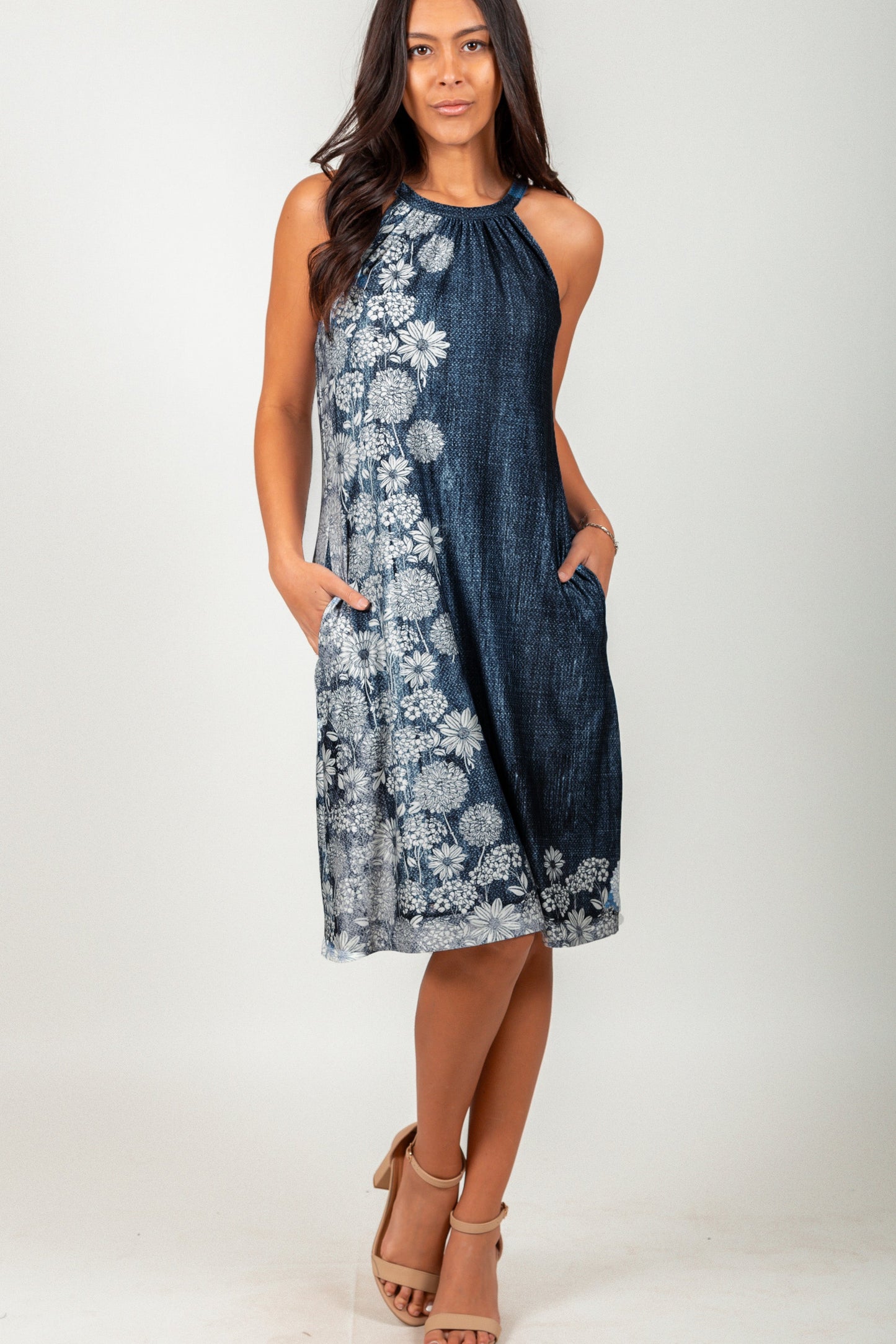 Vintage White Floral Over Blue Texture Mid-Dress
