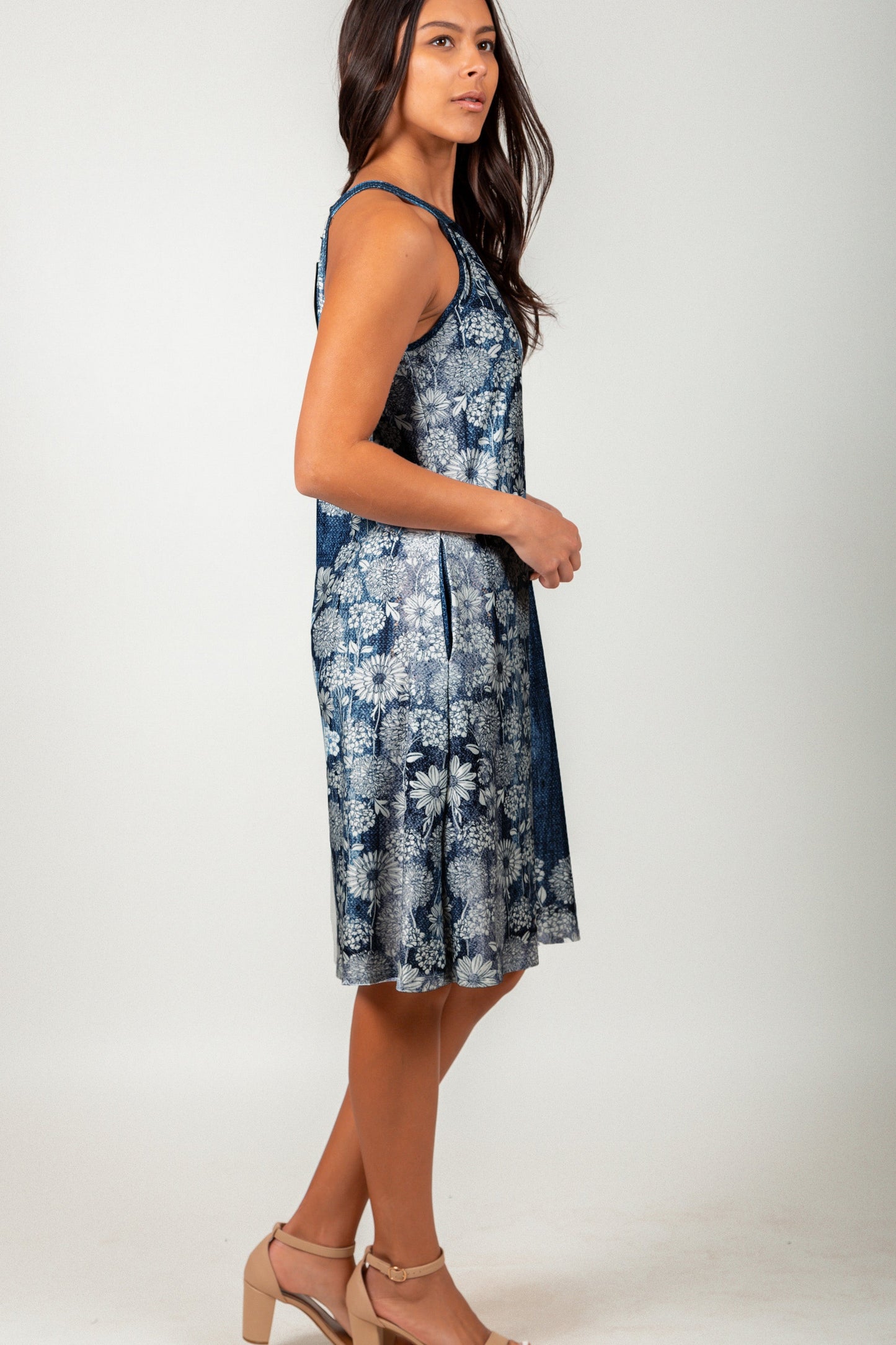 Vintage White Floral Over Blue Texture Mid-Dress