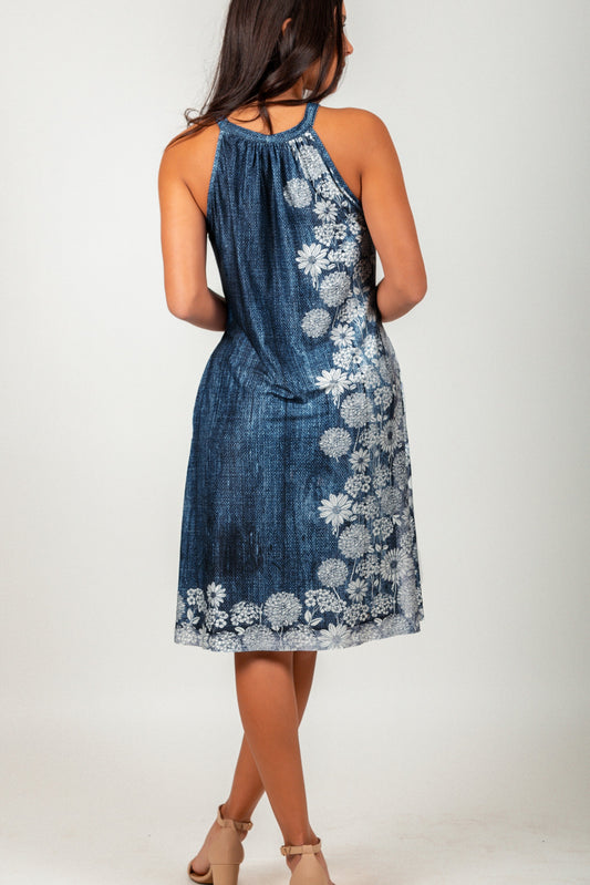 Vintage White Floral Over Blue Texture Mid-Dress