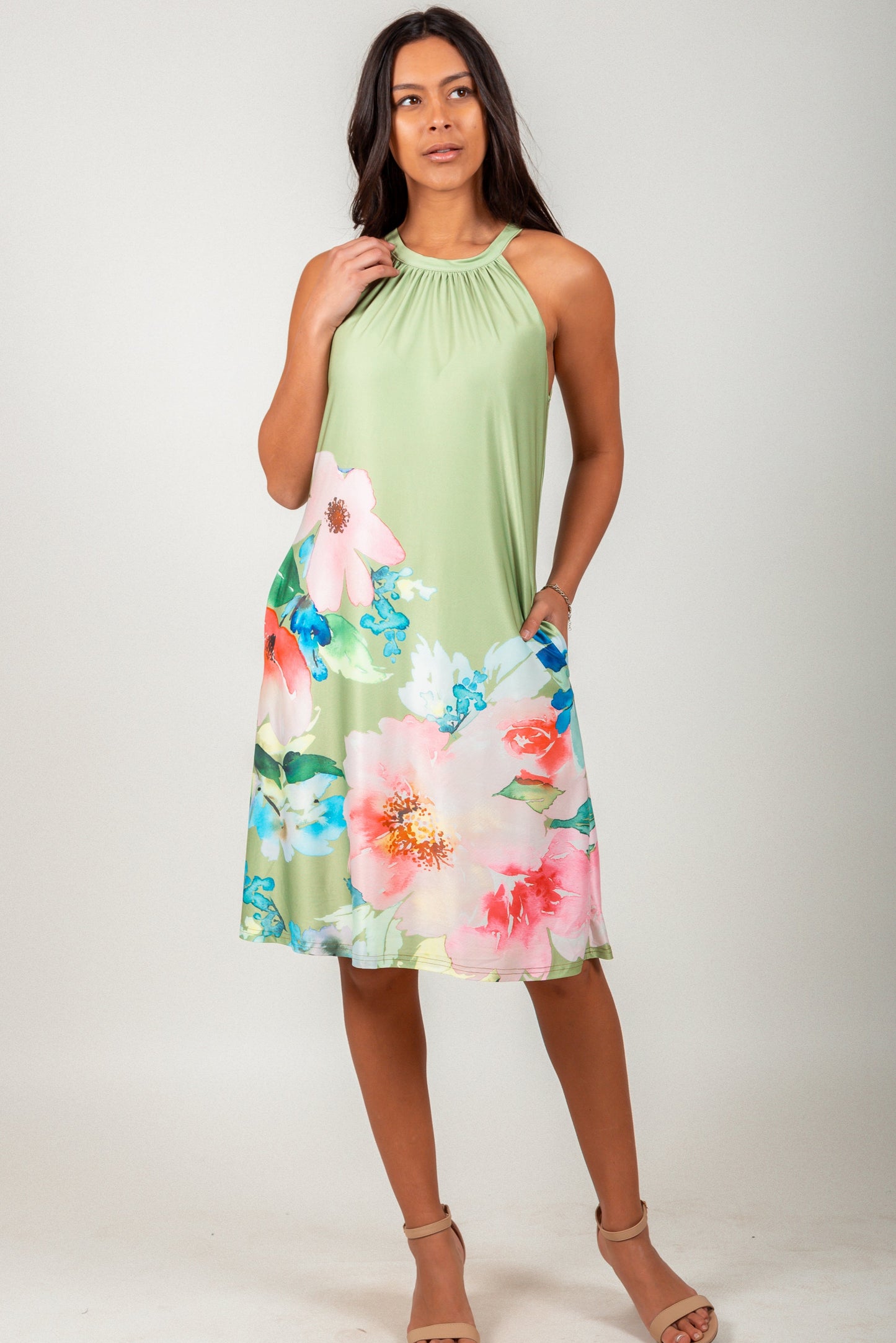 Vintage White Floral Over Blue Texture Mid-Dress