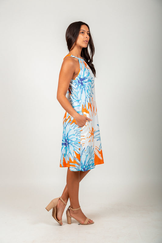 White Blue Floral Mid-Dress
