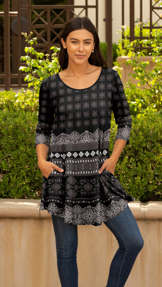 Willow Breeze Printed Tunic- Black Beige Plaids