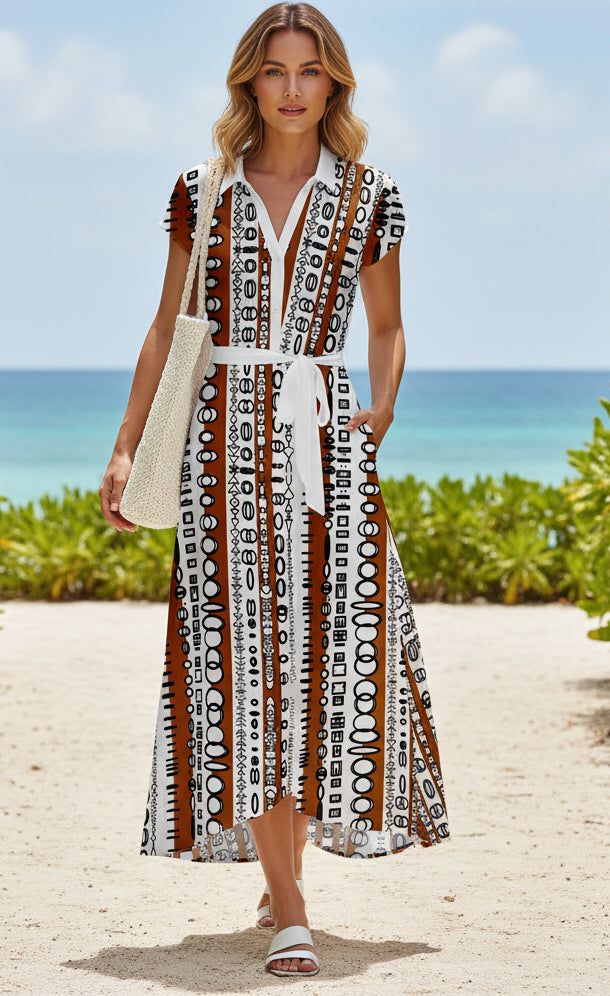 Shirt-Top Maxi Dress with Waist Belt-Black White
