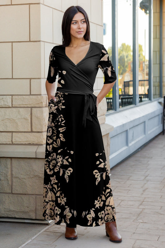 Elegant Print Maxi Dress with Waist Tie-Beige Black Floral