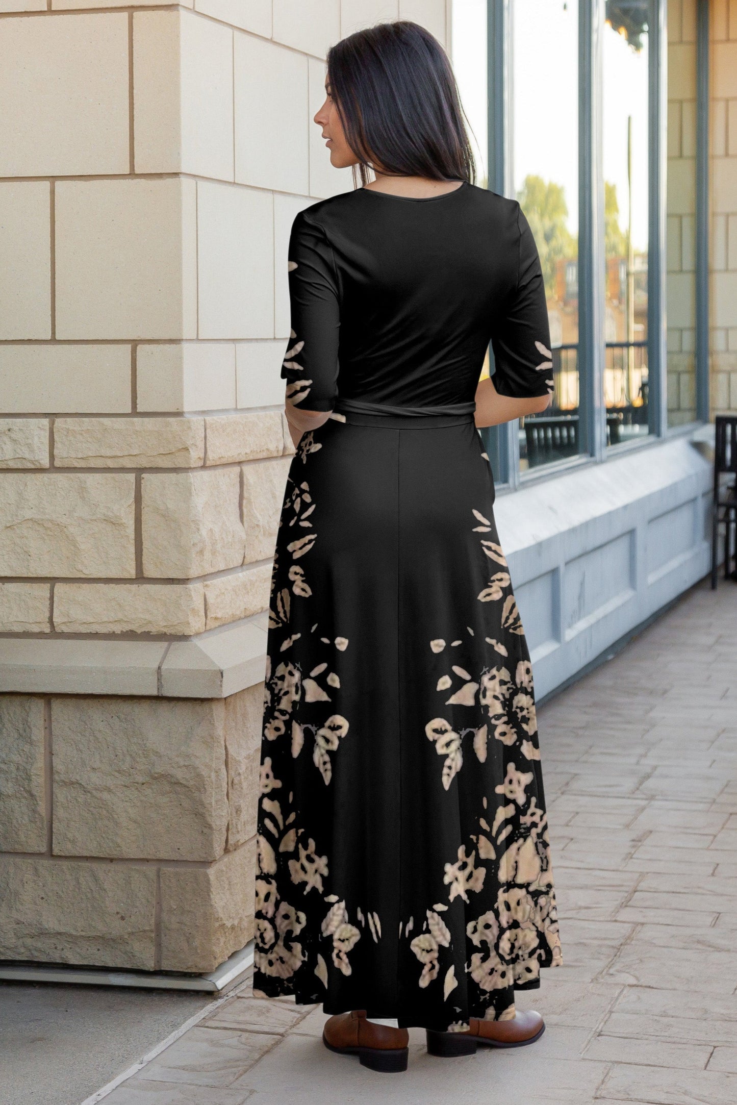 Elegant Print Maxi Dress with Waist Tie-Green White Dots