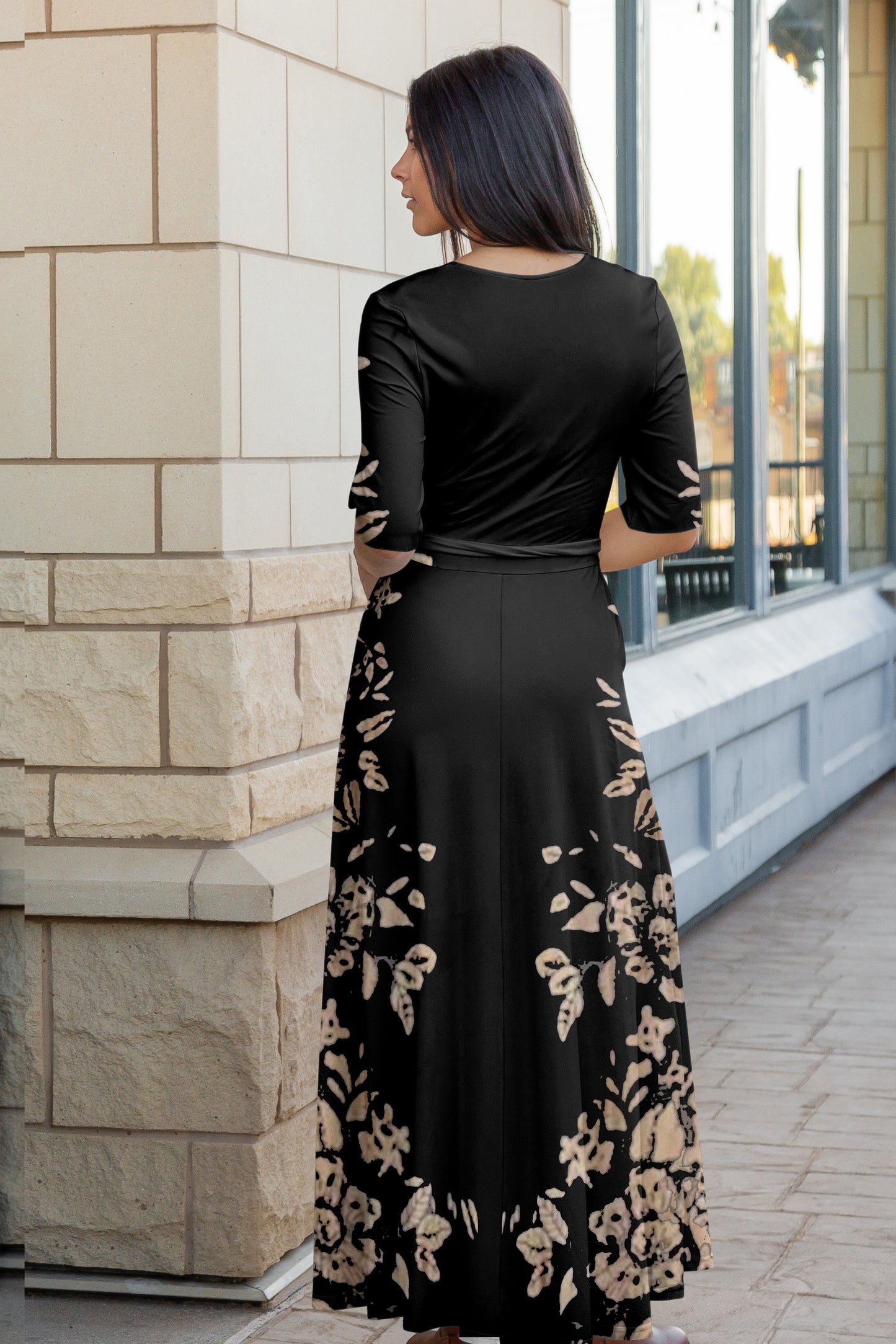 Elegant Print Maxi Dress with Waist Tie-Black White Floral