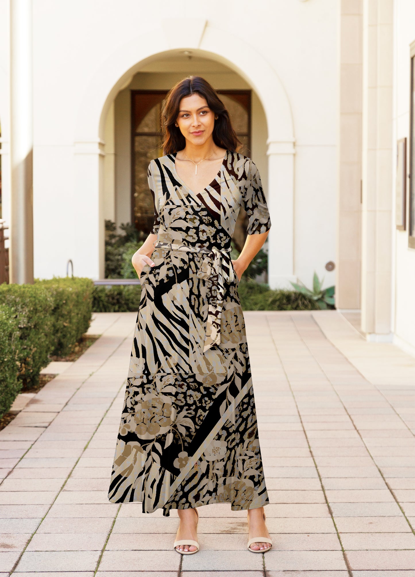 Elegant Print Maxi Dress with Waist Tie-Green White Dots